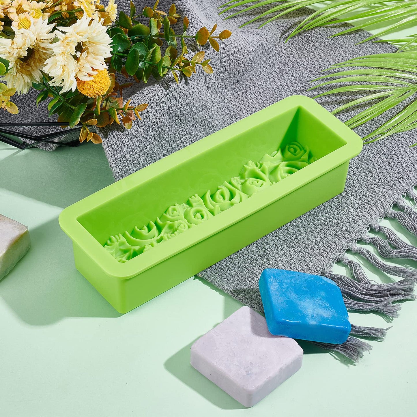 PH PandaHall Rose Loaf Mold, Flower Silicone Mold 3D Embossed Crafts Mold Soap Molds Rectangle Resin Casting Molds for Handmade Craft UV Resin Soap Candle Making, 9.8x3.2x2.1inch 650ml/22oz