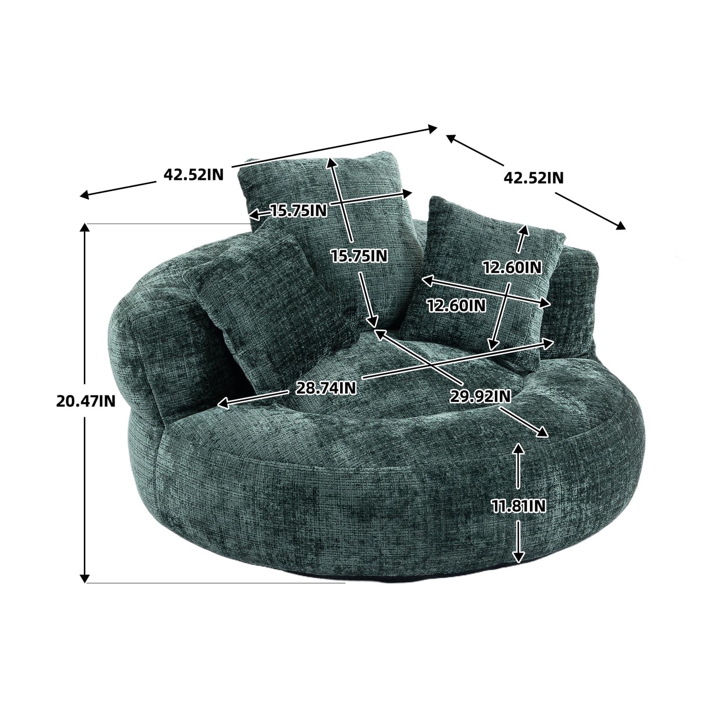 Oversized Lazy Sofa Bean Bag Chair with High Back and 3 Pillows, Chenille Fabric Comfy Lounger for Adults & Kids, Single Floor Gaming Sofa Chair for Bedroom, Living Room, or Office (Emerald)