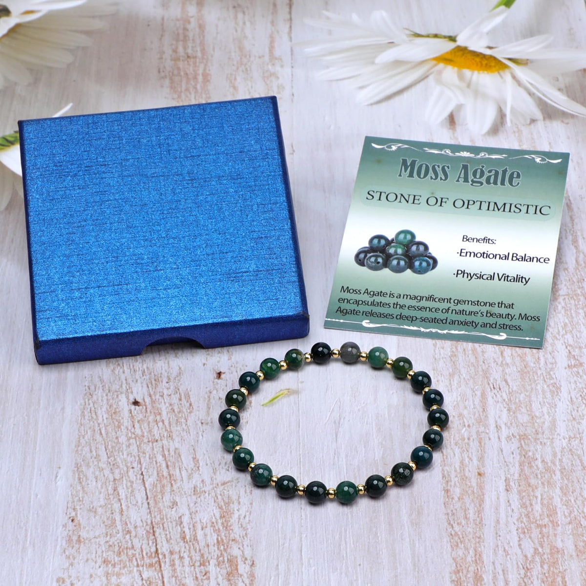 QOGIR Moss Agate - Stone of Optimistic - 14K Gold Plated Beads Natural Gemstone Stretch Elastic Dainty Healing Beaded Bracelets Gifts 6mm