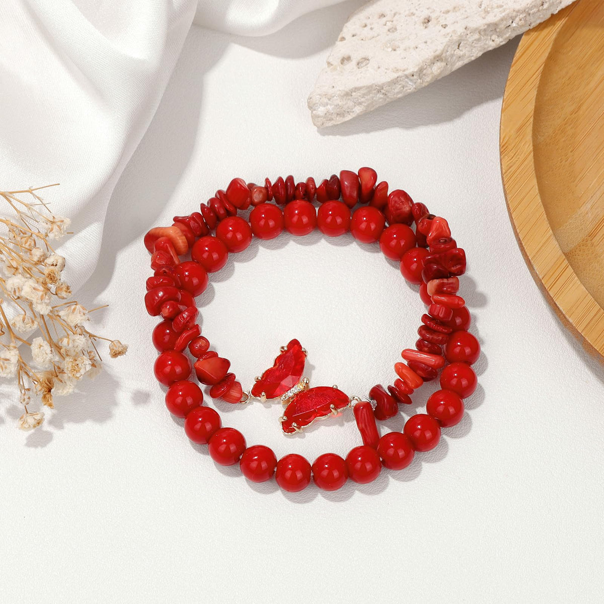 GolbalJew Red Coral Stone Bracelet for Women Healing Crystal Beaded Bracelets Red Gemstone Beads Stretch Bracelet Butterfly Charms Jewelry Women Gift