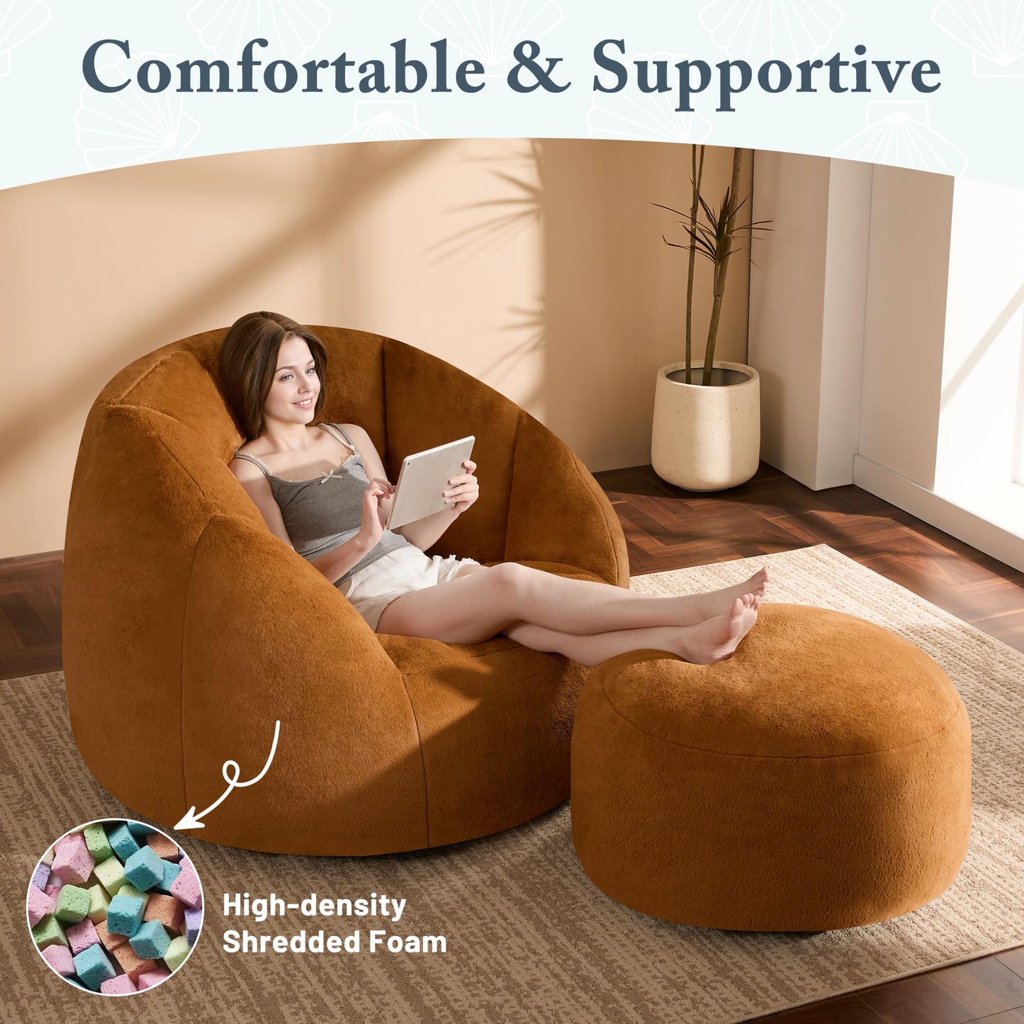 GRANDJOY Oversized Bean Bag Chair with Ottoman, Premium Foam Filling, Relaxing Lounger for Adults & Kids, Orange