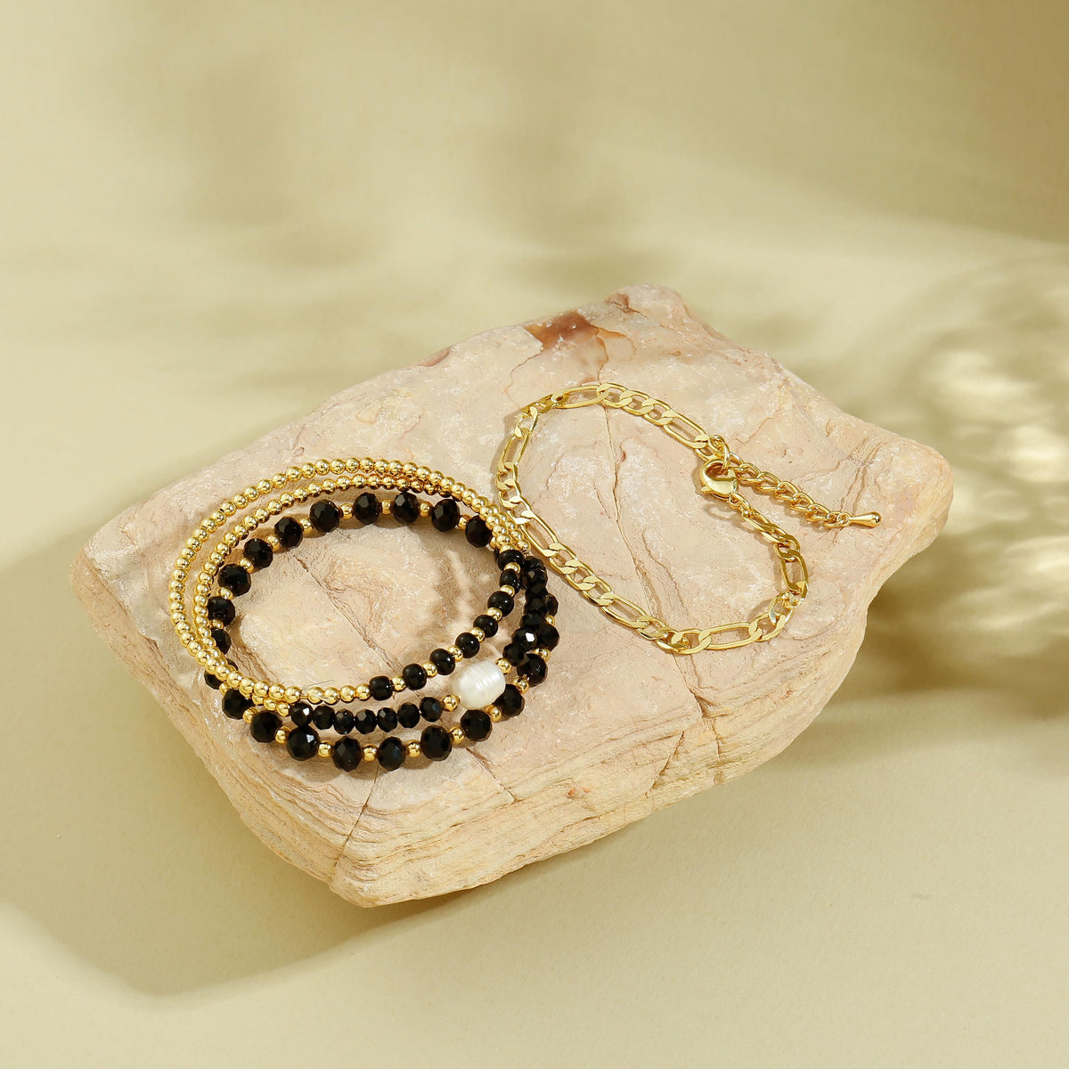 Badu Gold Bracelets for Women Boho Black Crystal Multiple Layered Stackable Wrap Beaded Bangle Set Cuban Chain Trendy Jewelry