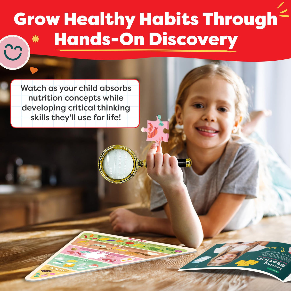 Baketivity Nutrition Explorer Kit – STEM Learning for Kids with Detective Costume, Food Chart Puzzle, Portion Plate, Stickers & Recipe Book