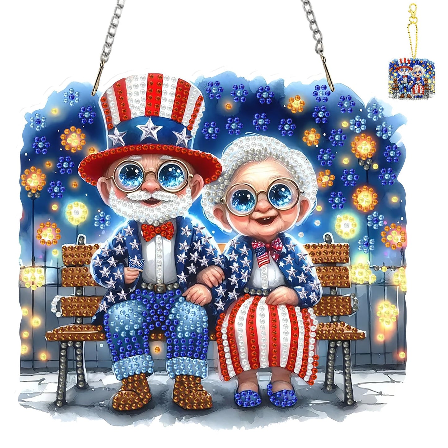 TLIOBLO Patriotic Old Couple Hanging Diamond Art and Key Chains Pendants Boards, Special Shaped Diamond Painting Hanging Sign with Chain Decoration