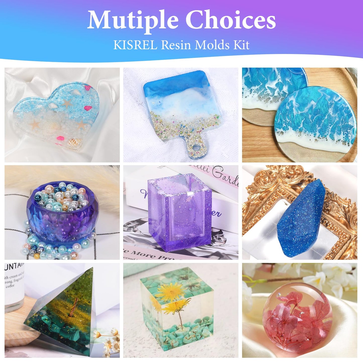 KISREL Resin Molds Kit 12PCS, Epoxy Resin Silicone Molds, Resin Mold Including Cube, Pen Container, Pyramid, Tray, Love, Round, Square, Ball, Flowerpot, Cuboid, Crystal