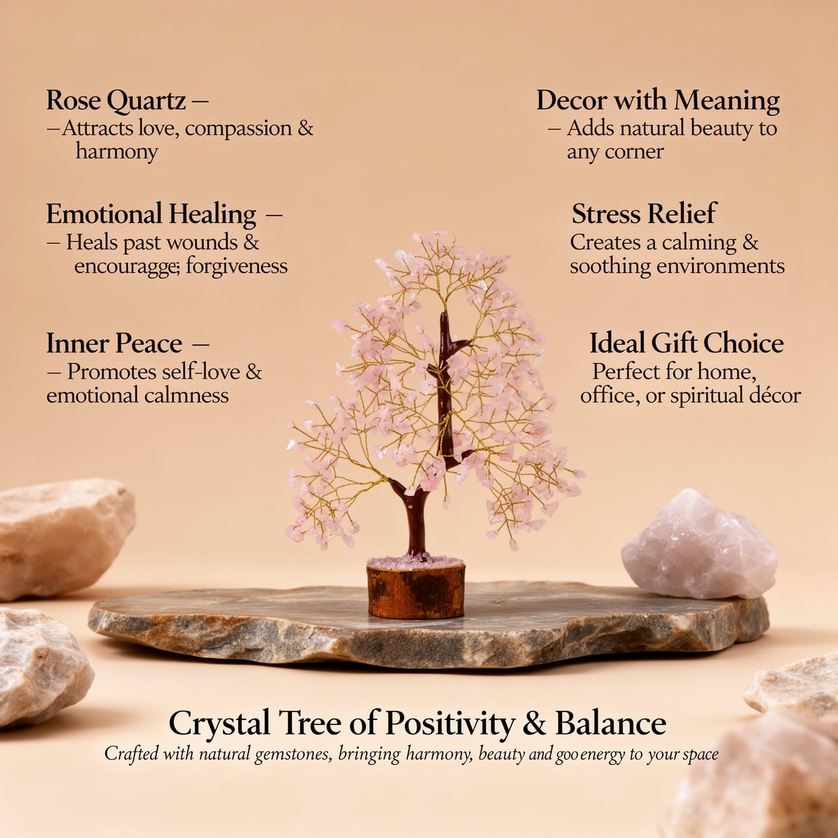 ANAYA AGATE Crystal Tree of Life Rose Quartz Healing Crystal Trees for Home & Office Decor, Handmade Gem Money Bonsai Trees for Positive Energy, Good Luck Decor, Birthday Gifts for Women, Mom