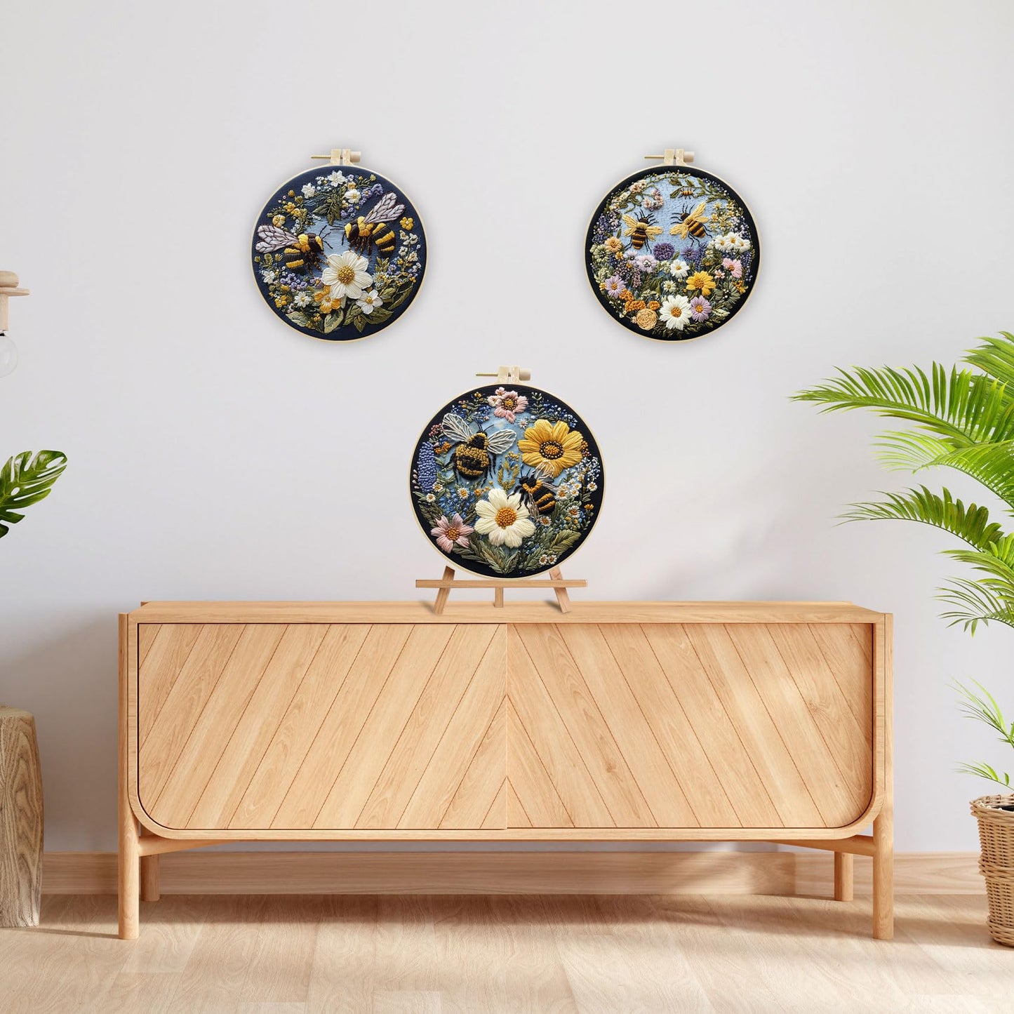 EOBTAIN 3 Pcs Bee Floral Embroidery Kit for Beginners,Yellow Flower Embroidery Kits for Adults, Wildflower Plant Embroidery Starter Kit with Pattern,Hoop,Thread,Needles,Hand DIY Craft Kits for Adults
