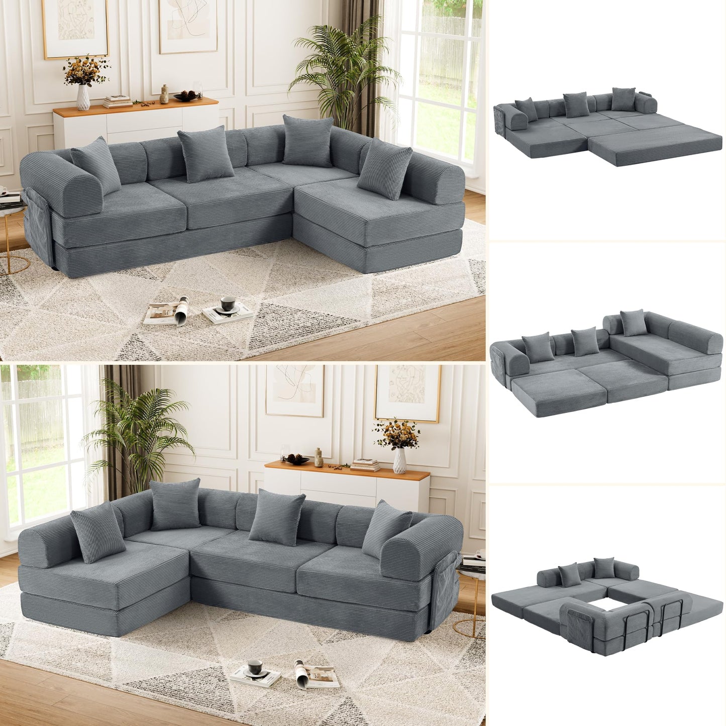 Trygoal 106.3" Oversized Convertible Sleeper Sofa Bed, L Shape Modular Sectional Cloud Sofa with Fixed-Shape Frame, Boneless Couch with Storage Pocket for Living Room, No Assembly Required, Gray