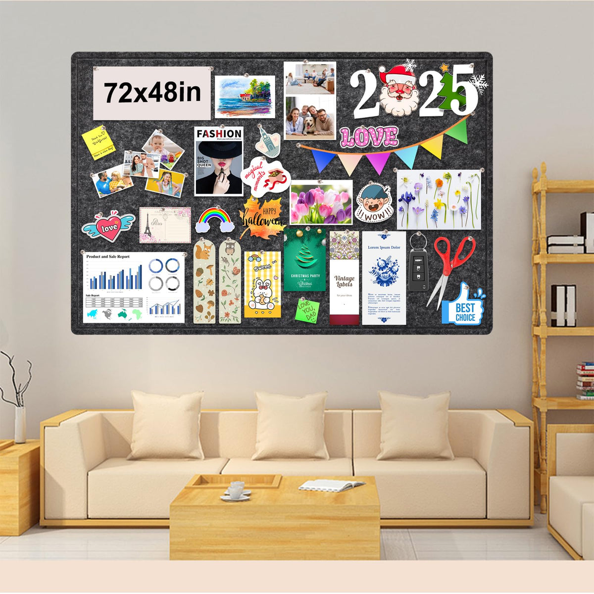Large Bulletin Board, Foldable 72x48 Inches Cork Board Alternative, Large Felt Board Decorative Pin Board for Wall, Foldable Photo Board Self-Adhesive Vision Board with 36 Pushpins Dark Gray