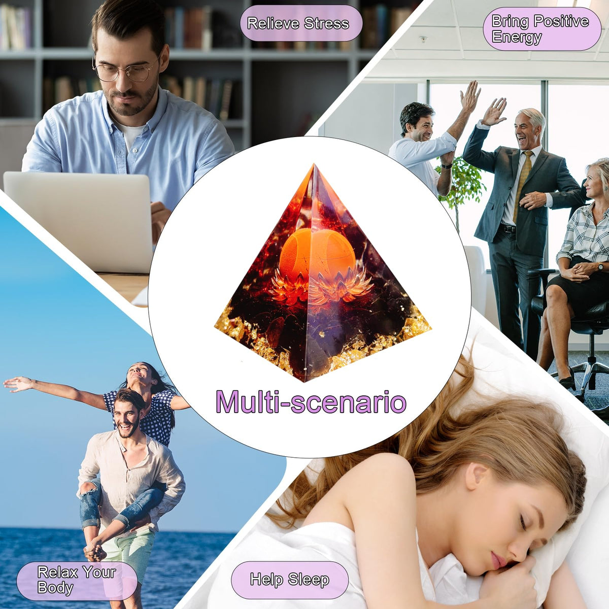 Saefheled The Flower of Life Orgone Pyramid,Natural Energy Obsidian&Rainbow Stone Orgonite Crystal Healing Pyramid,for Reduce Stress, Balance Chakra,Meditation Attract Luck,Accumulate Wealth&Health