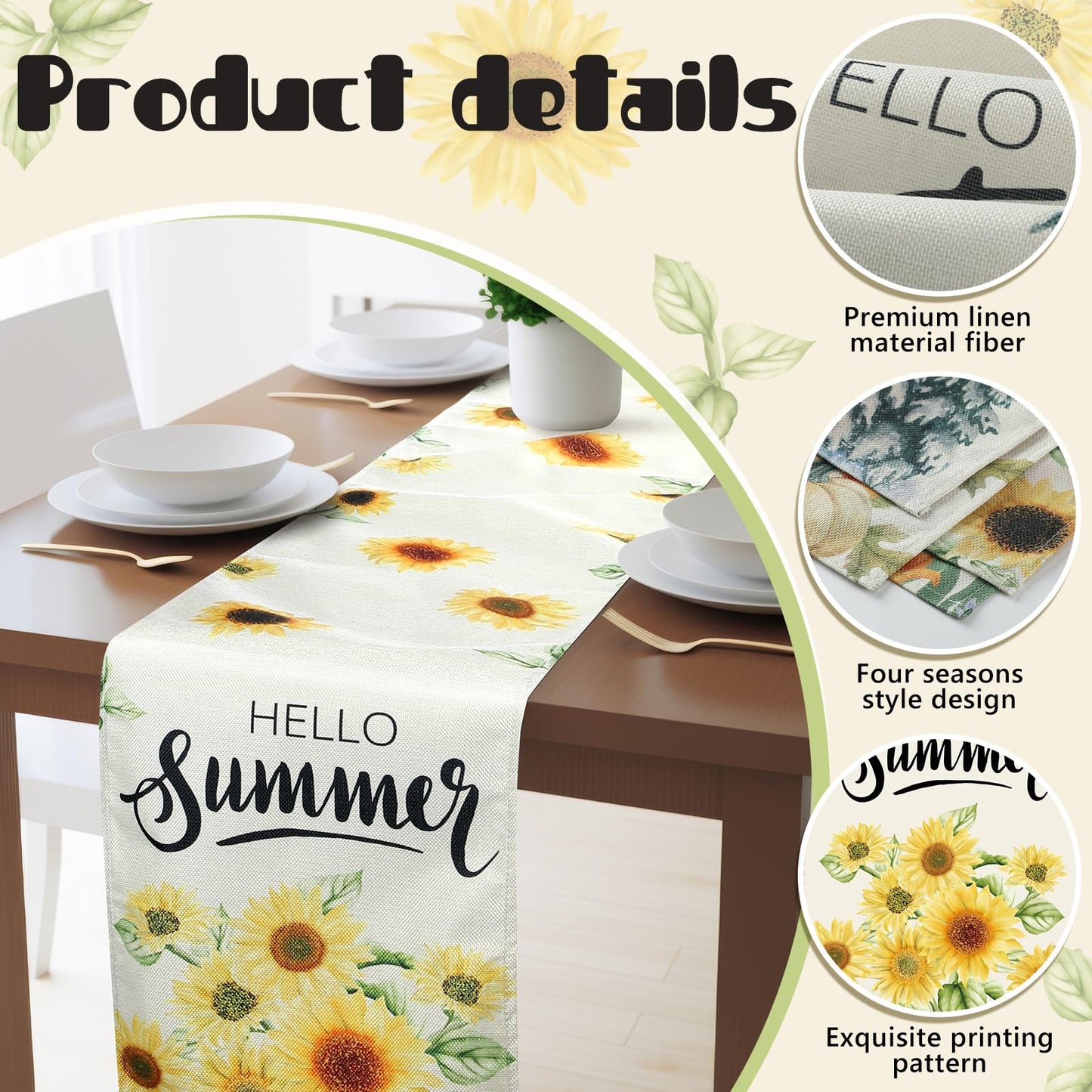 Mindsoft 4 Pcs Hello Winter Christmas Table Runner Seasonal Table Runners 13 x 72 Inch Maple Sunshine Sunflower Decorations Tulip Summer Fall Holiday Kitchen Dining Decoration for Home Party Decor