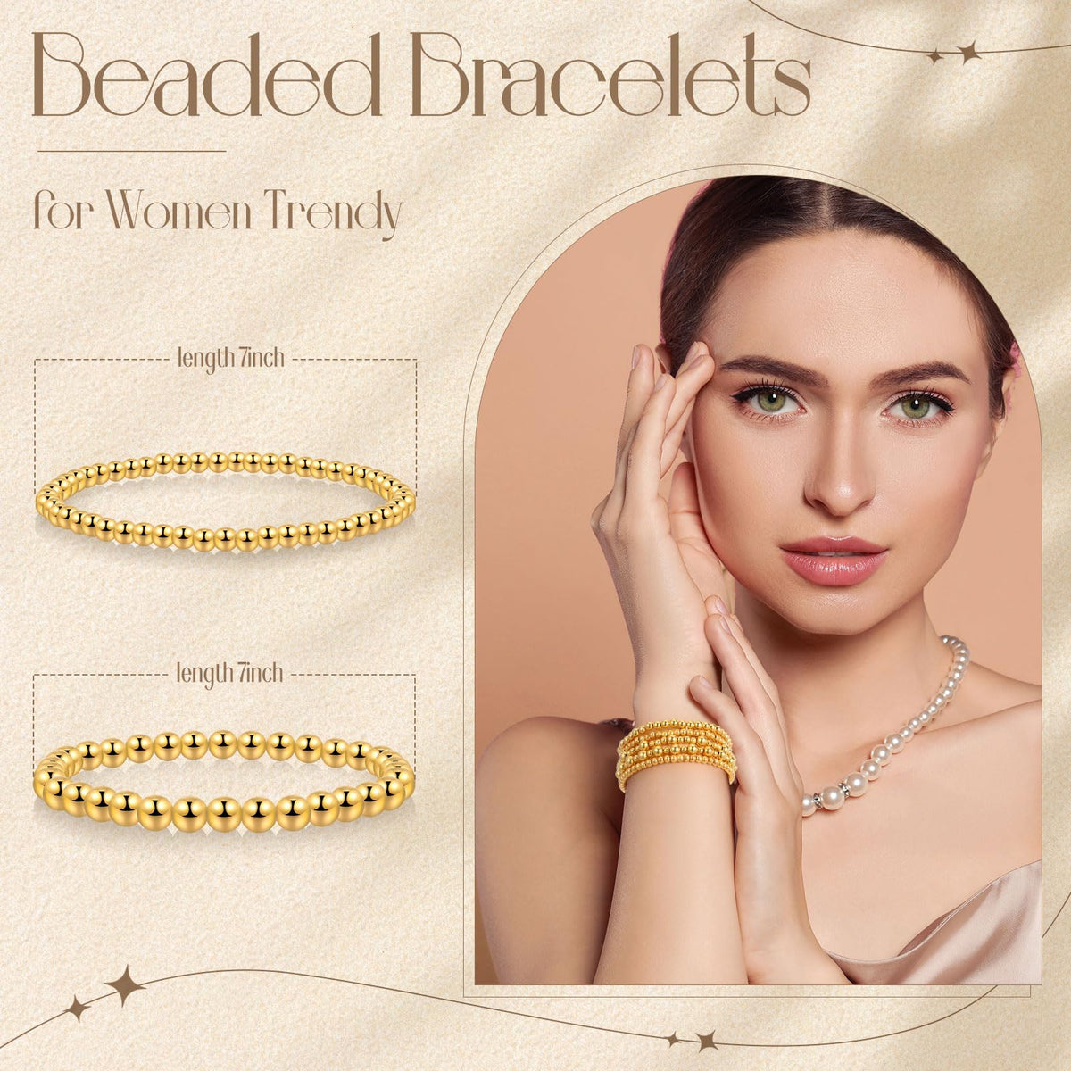 Ecation 10 Pcs Beaded Bracelets for Women Chunky Stacking Plated Bead Ball Stretchable Bracelets Set Natural Pearl Jewelry(Gold)