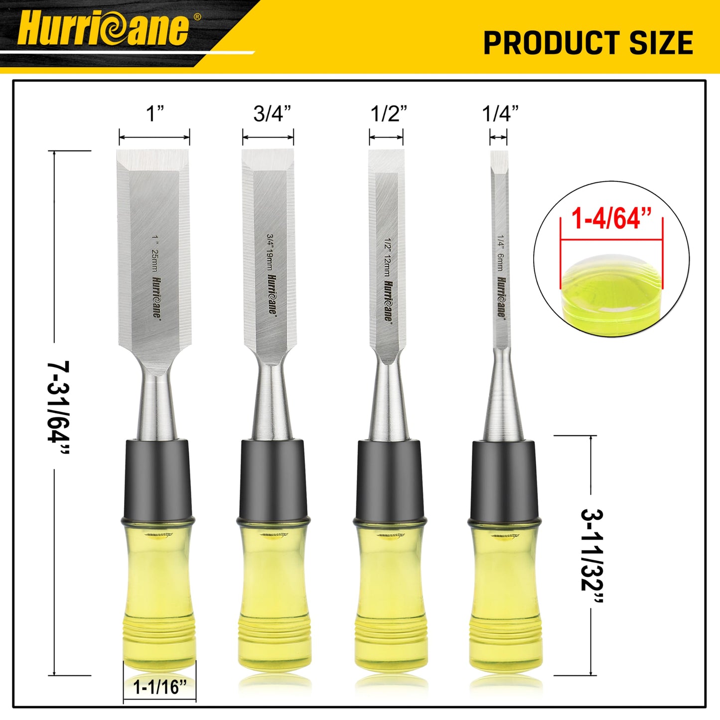HURRICANE 4 Piece Wood Chisel Set for Woodworking. CR-V Steel Beveled Edge Blades with Safety Caps. Durable PVC High Impact Handle, for Precision Carving & DIY Projects (1/4", 1/2", 3/4", 1")