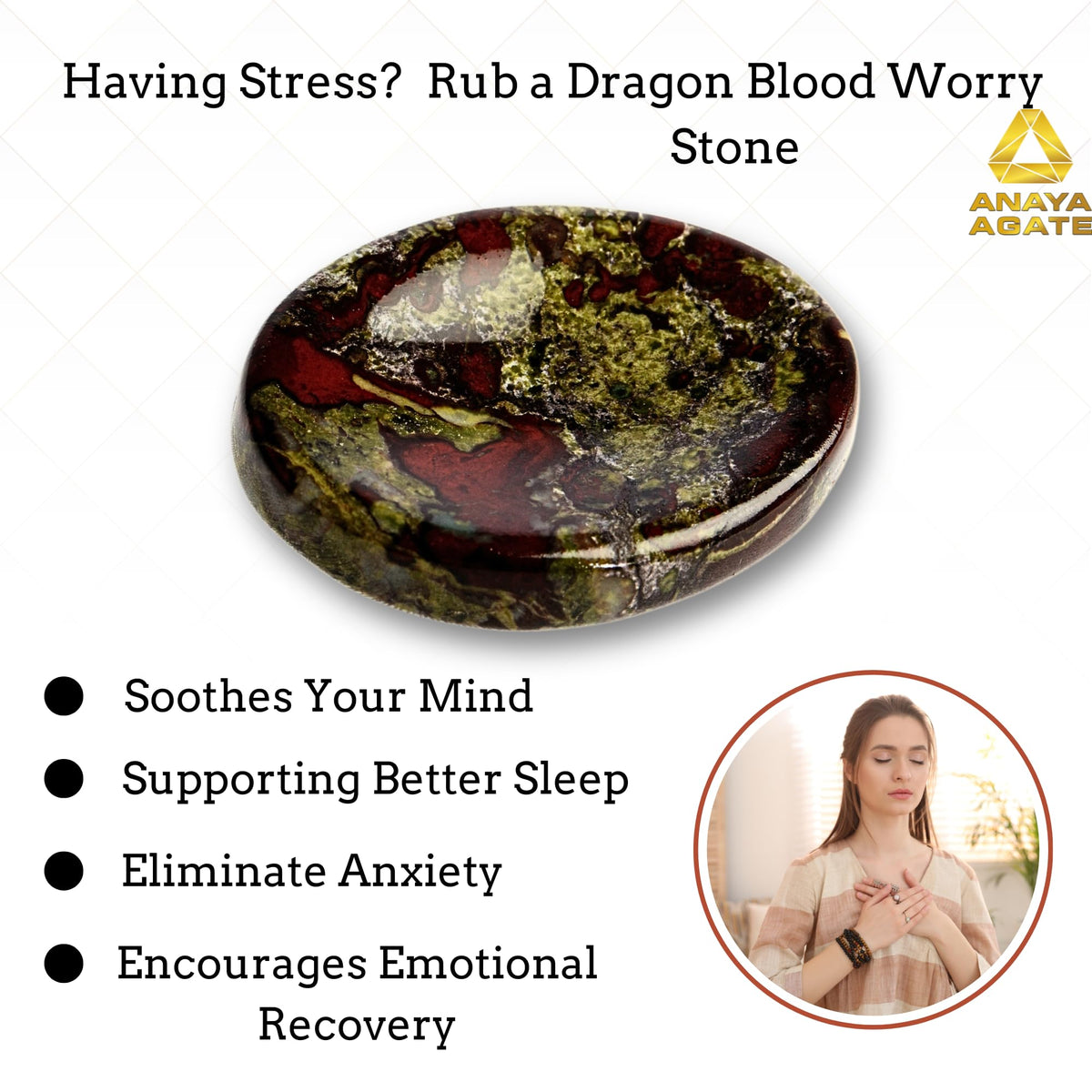 Anaya Agate Dragon Bloodstone Worry Stones Certified Crystal Thumb Worry Stone for Anguish, Relaxing and Soothing Balance Stones for Meditation Stress Relief Crystals and Healing Stones for Men, Women