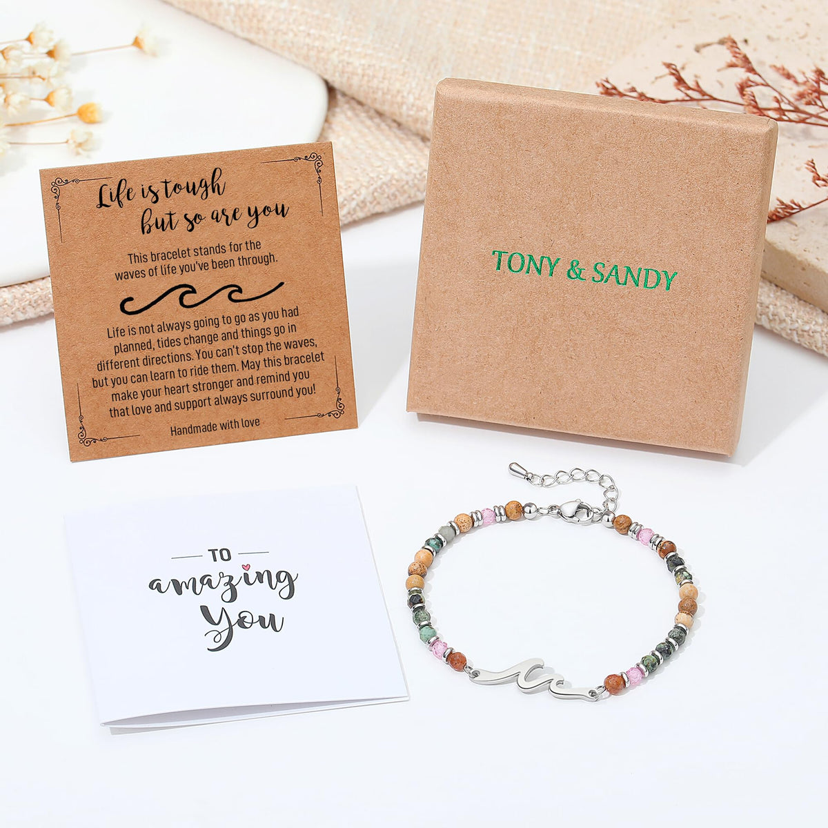 TONY & SANDY Inspirational Gifts for Women, Wave Bracelet, Get Well Soon Gift Baskets for Woman, Thinking of You, Encouragement Valentines Her Sister Friend Motivational Easter Christmas