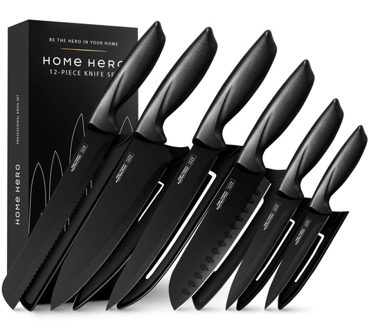 Home Hero High Carbon Stainless Steel Knife Set - Chef Knife Set Precision Slicing & Versatility - Nonstick Ceramic Coated Blades & Easy Cleaning - Ergonomic Handles & Secure Grip - 12-Piece, Black