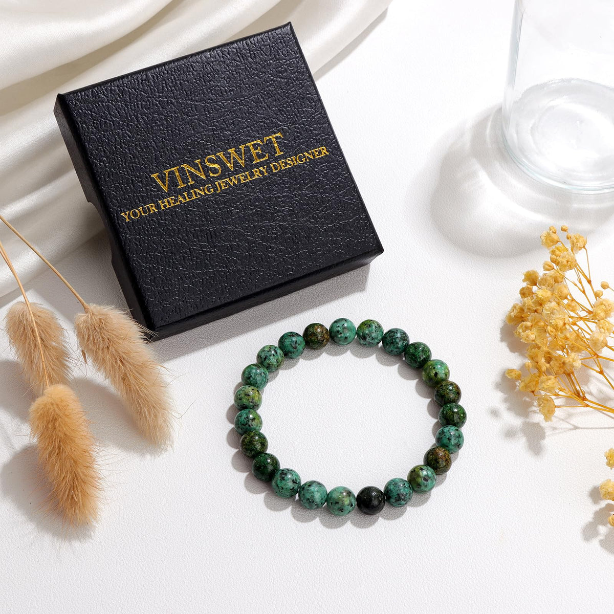 Vinswet Healing Crystal Bracelets for Women Men 8mm African Turquoise Natural Stone Beaded Stretch Bracelet Handmade Gemstone Reiki Spiritual Jewelry Gifts