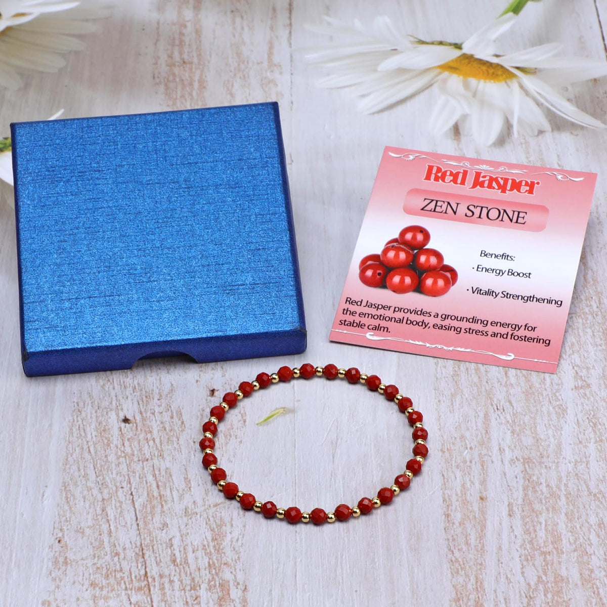 QOGIR Red Jasper - Zen Stone - 14K Gold Plated Beads Natural Gemstone Stretch Elastic Dainty Healing Beaded Bracelets Gifts 4mm