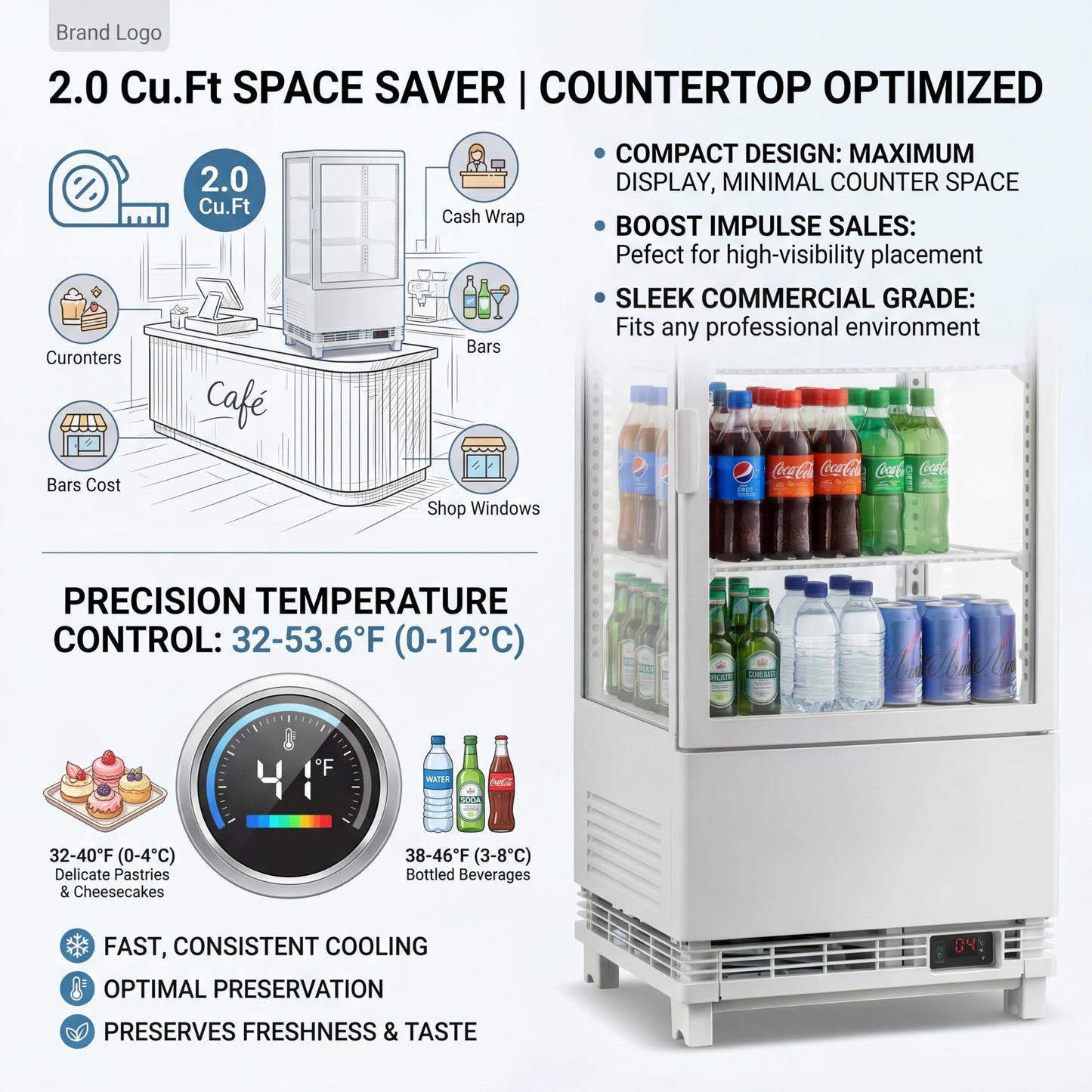 IDEALHOUSE 2.0 Cu.Ft. Countertop Bakery Display Refrigerator with LED Lighting, Rear Sliding Door, Air-Cooling, and Automatic Defrost for Cafes and Restaurants, White