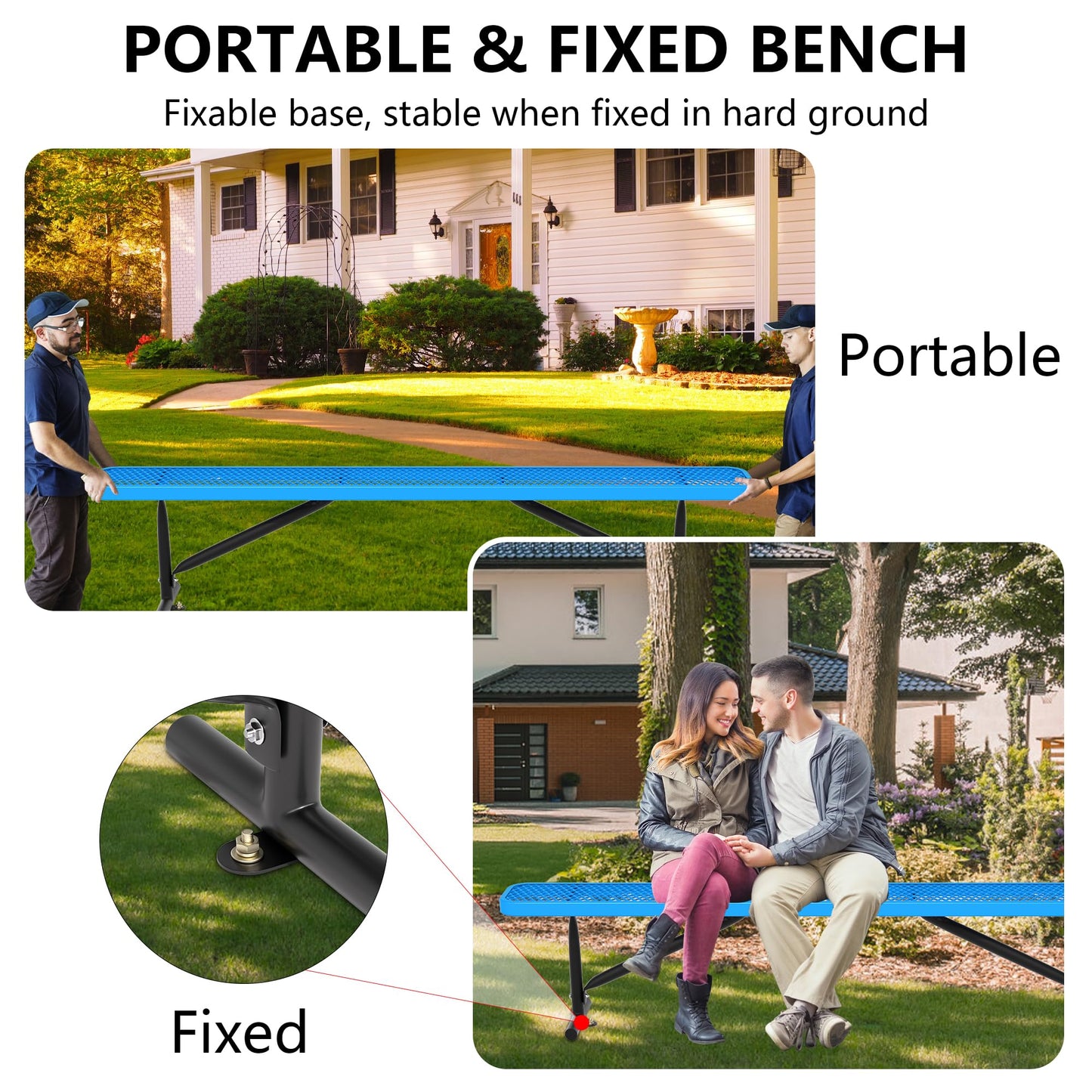 Sunnibety 8 Feet Heavy Duty Metal Park Bench for Outside, Outdoor Bench with Portable Frame, Commercial Benches for Shopping Mall, Store, Park, Patio, Deck, Blue