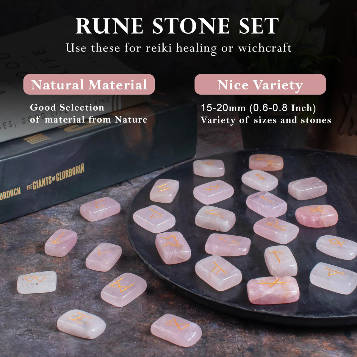 Crocon Rose Quartz Rectangle Shape Gemstone Runes with Elder Futhark Alphabet Engraved |25 pcs Rune Set | Crystal Divination Metaphysical Healing Chakra Reiki Runes Set |with a Pouch| Size : 20-25mm