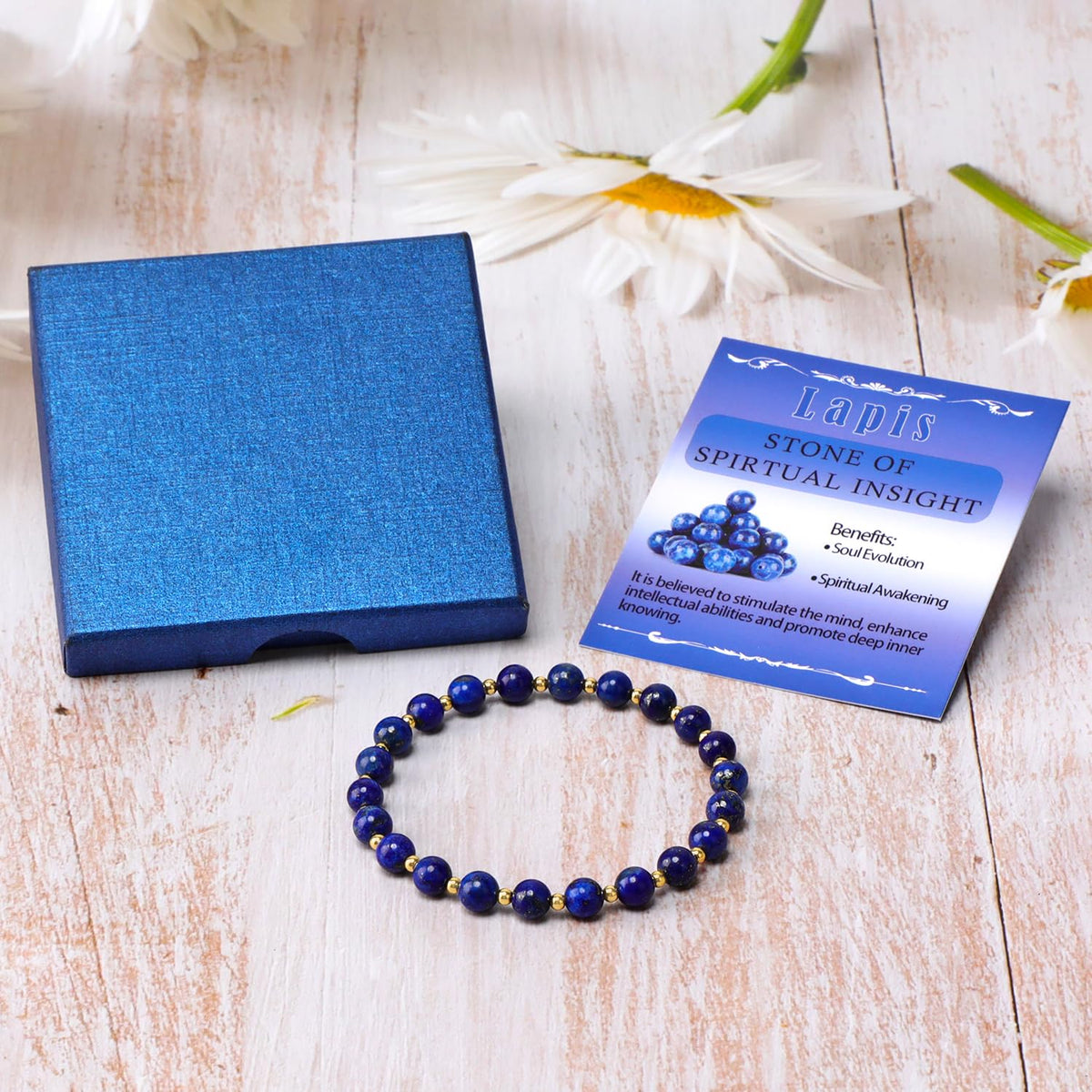 QOGIR Lapis - Stone of Spiritual Insight - 14K Gold Plated Beads Natural Gemstone Stretch Elastic Dainty Healing Beaded Bracelets Gifts 6mm