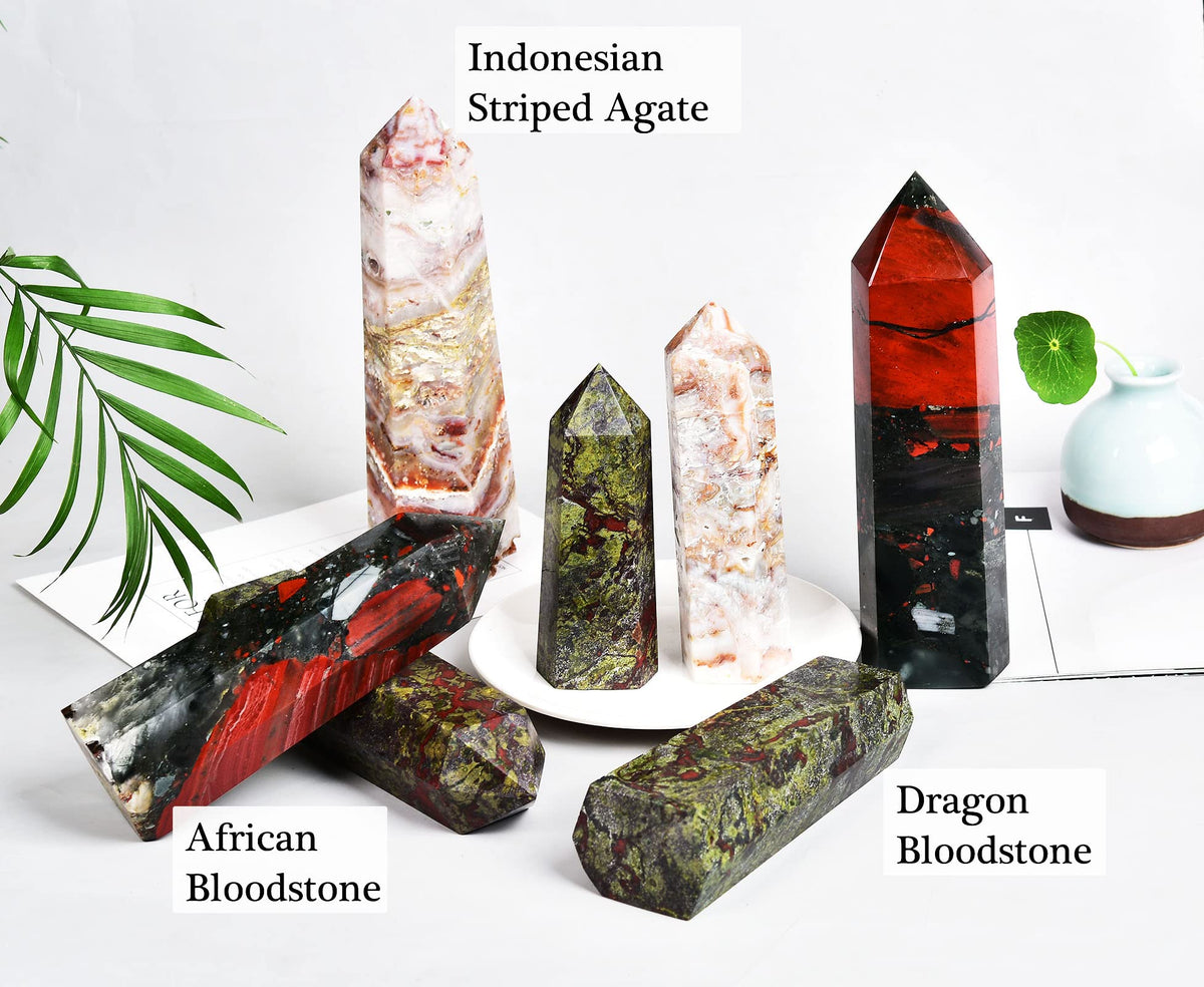 AMOYSTONE Bloodstone Obelisk Large Healing Crystal Wand Tower 6 Faceted Column Reiki Chakra Meditation Therapy Green Red 1.1-1.7 LBS