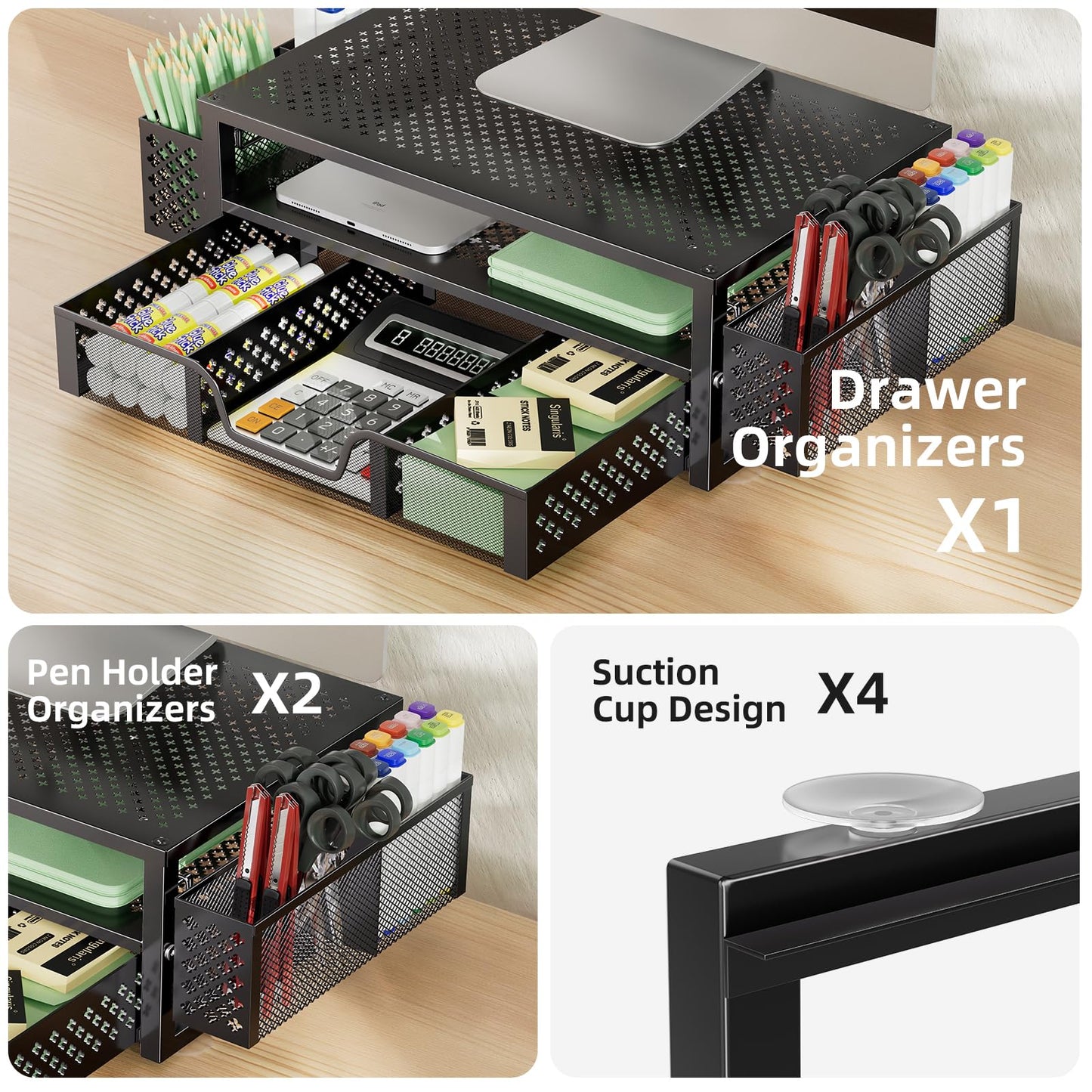 Simple Trending Desk Organizer and Accessories, 2 Tier Computer Metal Monitor Stand Riser with Drawer and Pen Holder for Laptop, Computer, iMac, Black