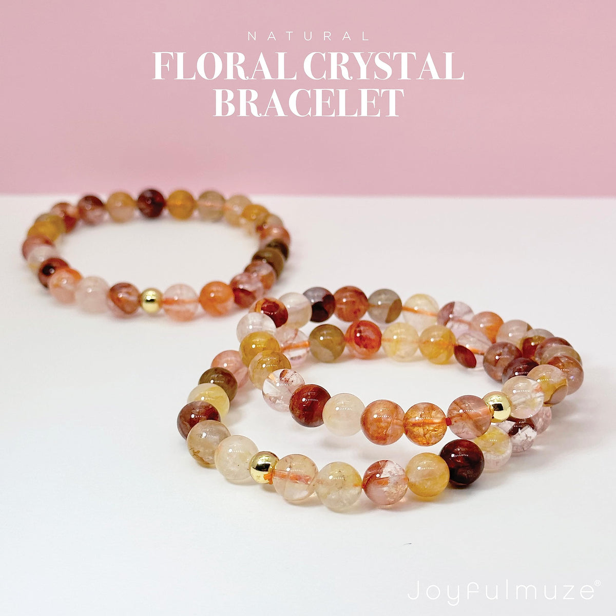 Joyfulmuze Natural Floral Crystal, Pink Yellow Orange Summer and Fall Stretch Bracelet, Handmade Gift for Women and Men, Round Beads 8mm 7" wrist (Floral-Crystal)