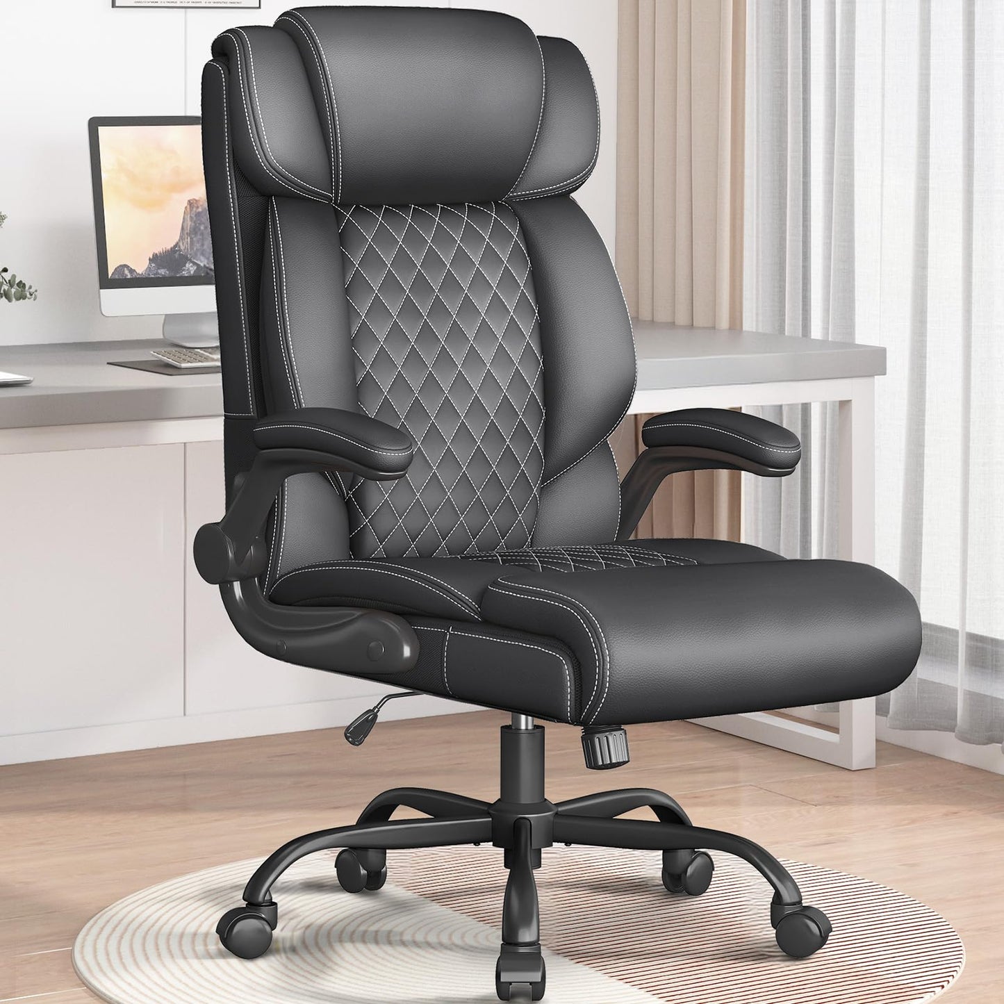 Office Chair-Executive High Back Breathable Comfy Desk Chair with Flip-up Armrests Lumbar Support-Ergonomic Leather Rolling Swivel Chair with Rock Function for Working,2 Pack