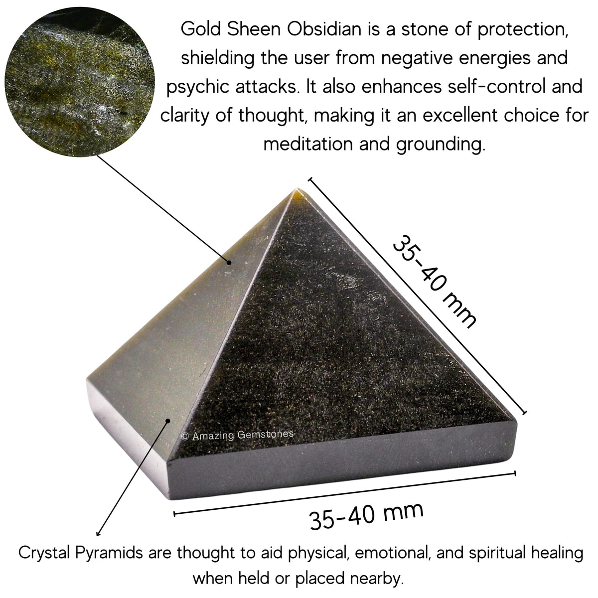 Amazing Gemstone Gold Sheen Obsidian Pyramid Crystal Healing Stones - 1.5" Great Pyramid Figurine of Natural Stone Pyramid for Meditation, Reiki, Chakra Balancing and Crystal Pyramids Grid