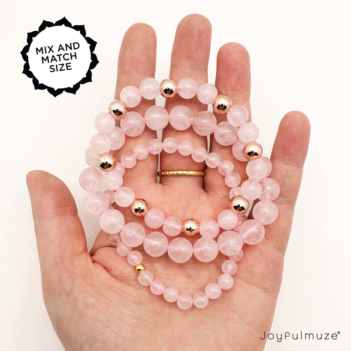 Joyfulmuze Rose Quartz 8mm Pink Gemstone, 14K Rose Gold Plated Brass, Love Stretch Bracelet, Birthday Jewelry Gift for Women, 7"(Rose-Gold-Rose-Quartz)