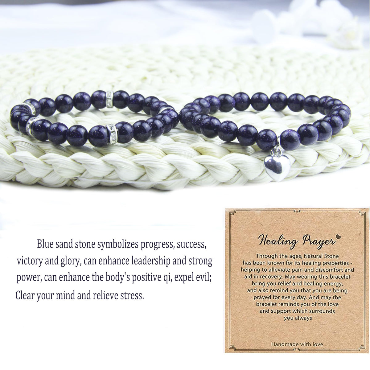 GDLKPYHS Healing Bracelets for Women - Blue Sandstone Bracelet - Healing Prayers Crystal Bracelet, 8mm Natural Stone Stress Relief Yoga Beads Get Well Soon Gifts