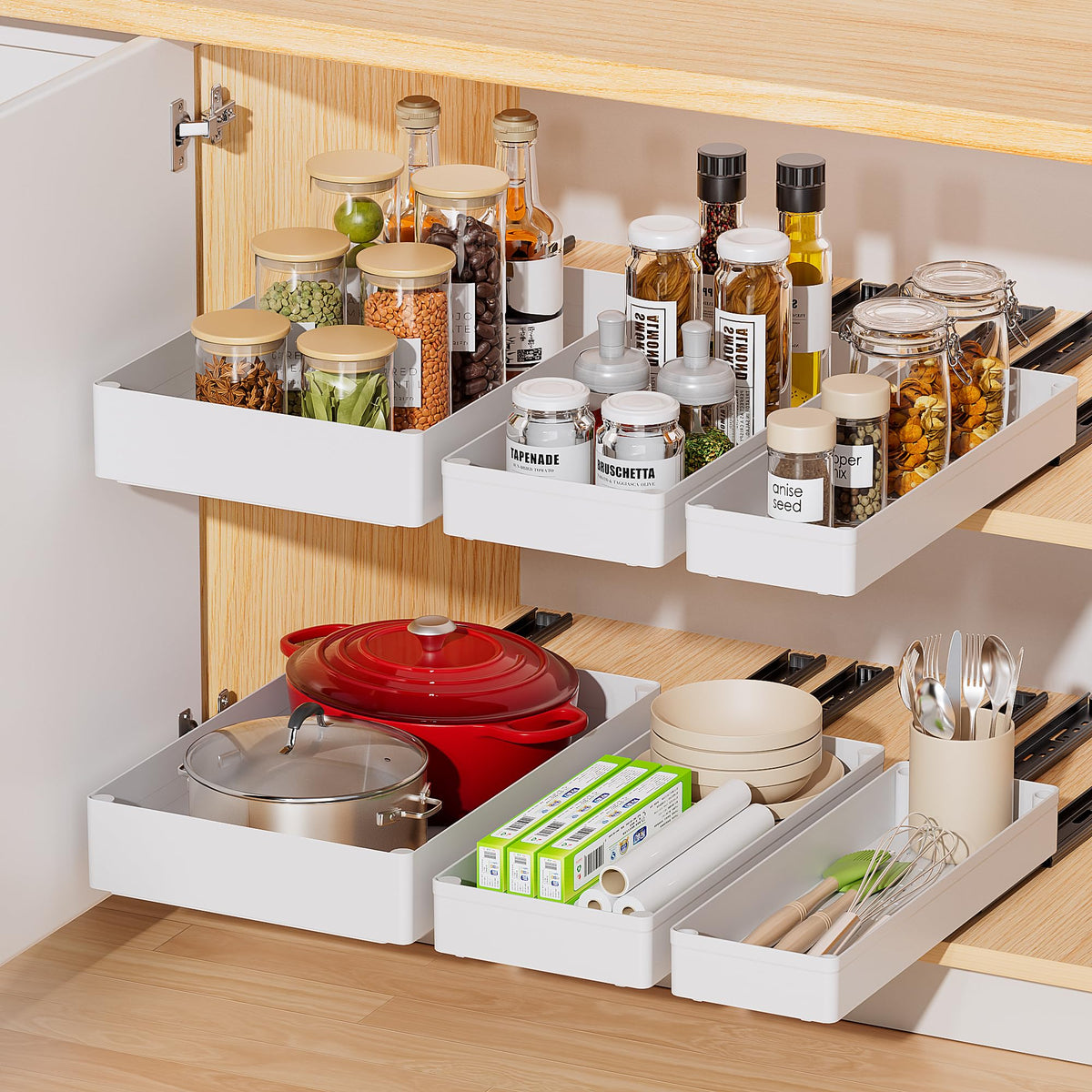 Delamu 3 Pack Pull Out Cabinet Organizer, 15.7"Deep Pull Out Drawers for Cabinets, Slide Out Drawers for Kitchen Cabinets, Bathroom Cabinet Organizer, Pantry (White)