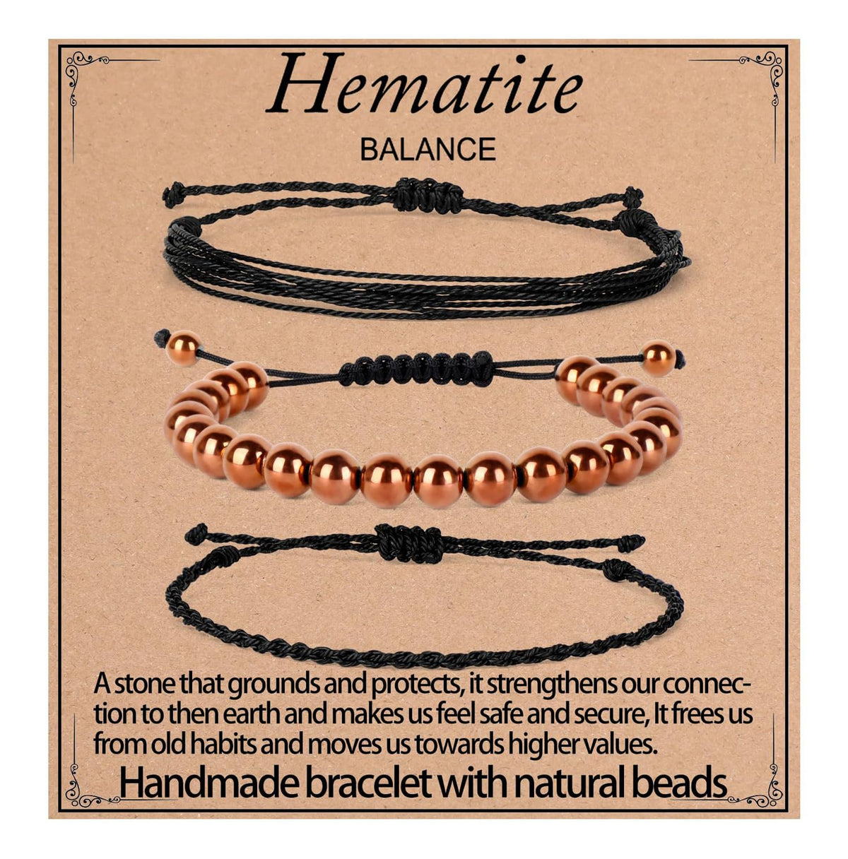 QOGIR Handmade Healing Bracelet,8mm Natural Copper Hematite Gem Stone Beads Bracelet for Men Women Gifts with 2PCS Size Adjustable Rope Bracelets