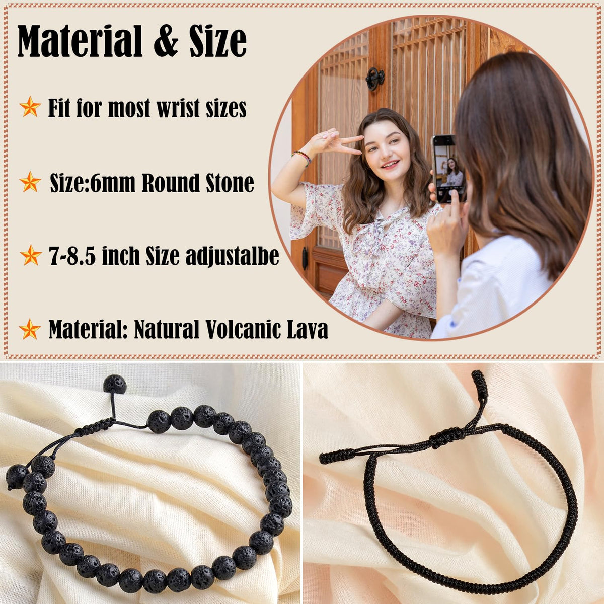 LPBeads 6mm Black Lava Bracelet with Handmade Rope Bracelet Size Adjustable Natural Stone Crystal Healing Bracelets Gifts for Unisex Adults