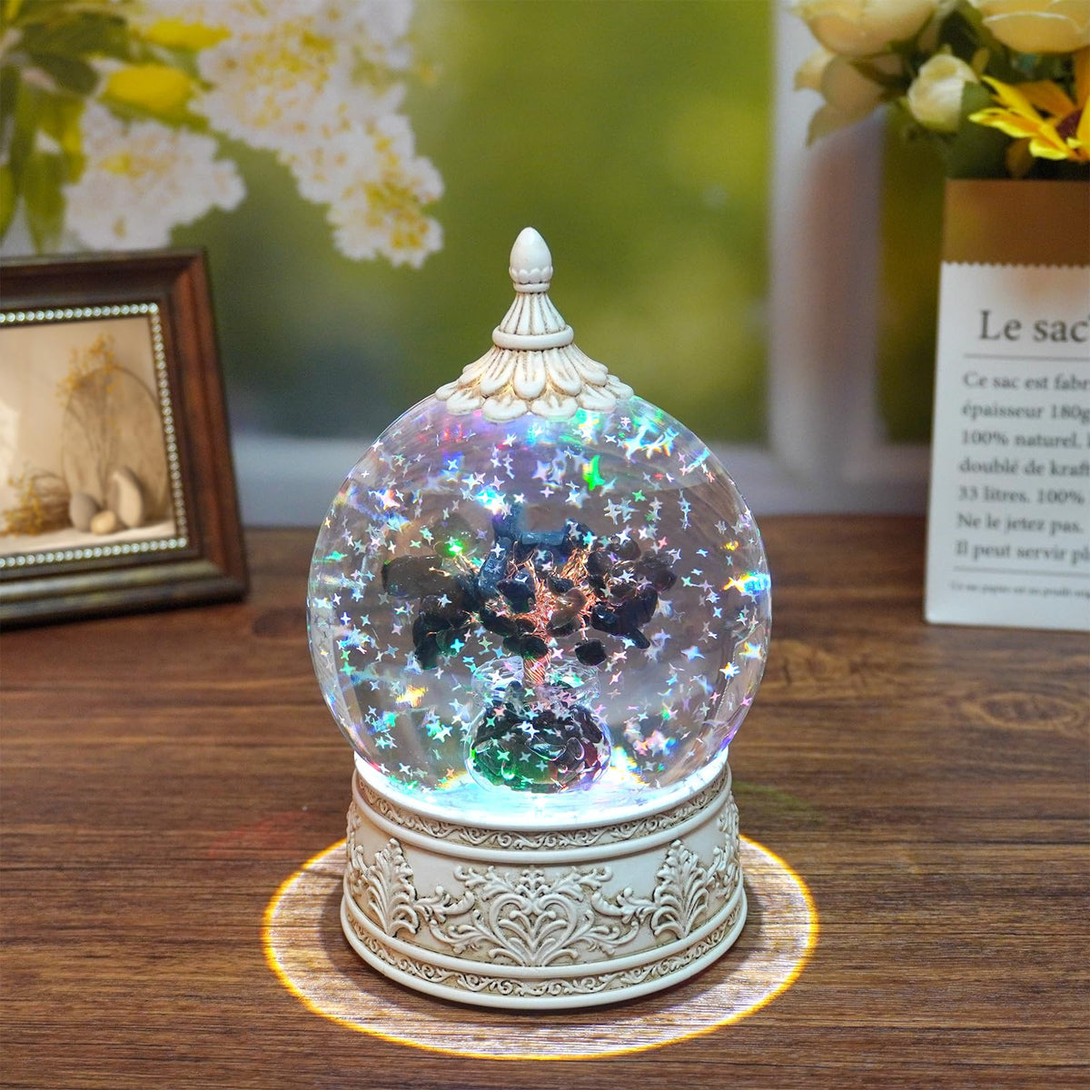 Obsidian Healing Crystal Tree Globe with Colorful Lights and Sparkling Glitter, Natural Gemstone Base, Spiritual Meditation, Positive Energy Good Luck, Home Decor, Birthday Gifts (Obsidian)