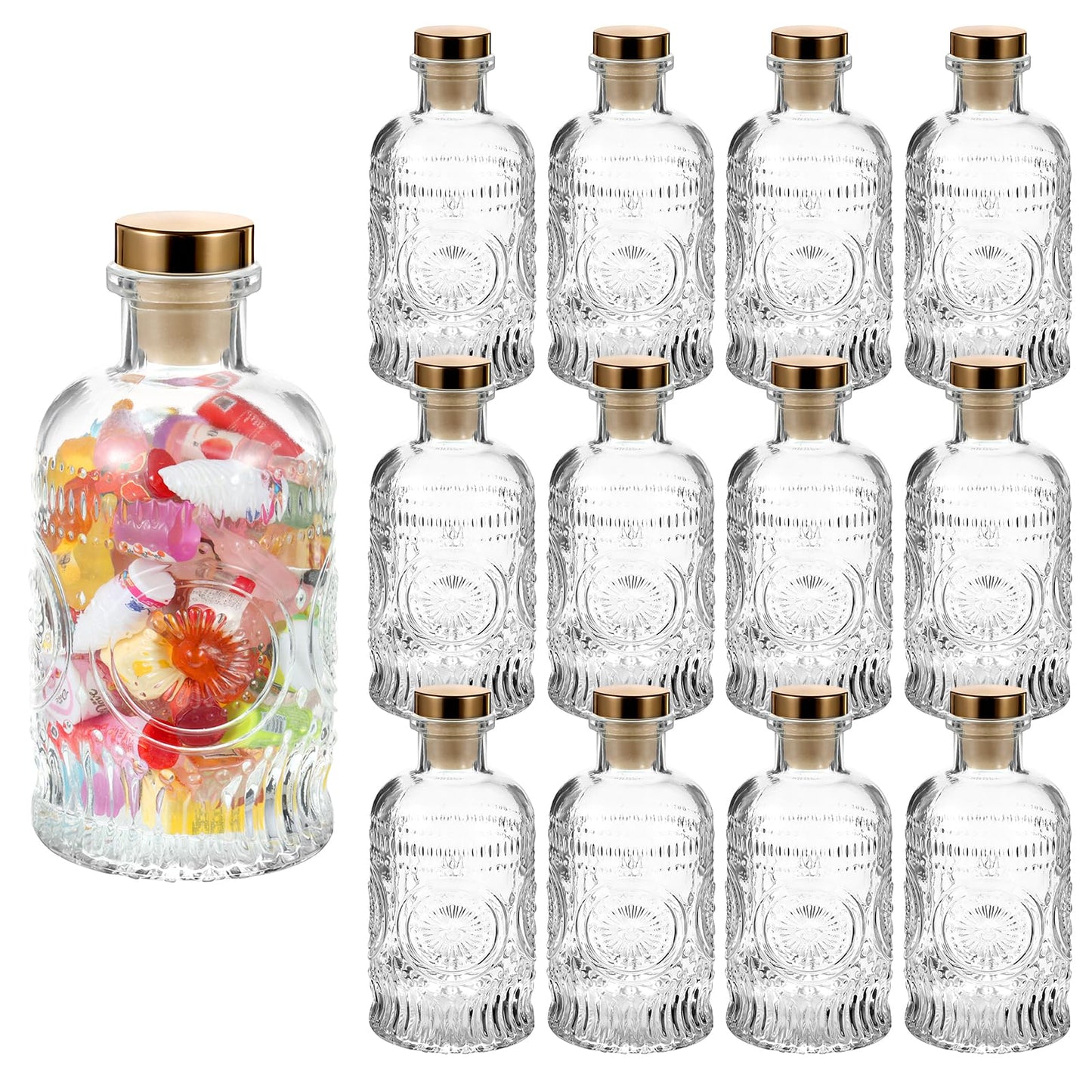 MegoSage 12 Pack Small Glass Bottles with Cork, 6.7oz/200ml Small Apothecary Jars, Clear Square-Round Mini Bottles for Beverages, Crafts, Wedding Favors & DIY Home Decor