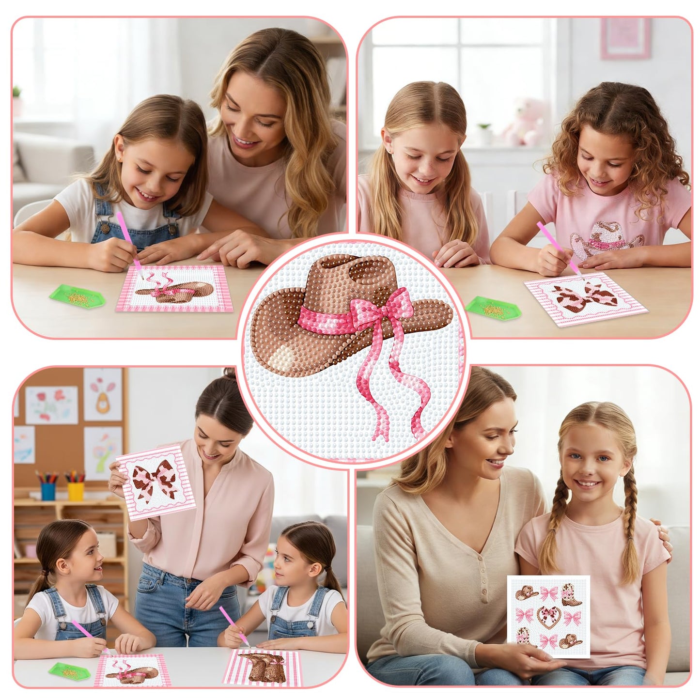 SHADOAMP Western Cowgirl Diamond Art Kit Set of 4 - DIY Rhinestone Canvas Craft Featuring Pink Bows, Hats & Boots Designs, Creative Diamond Art Kits for Home Decor and Family Craft Projects