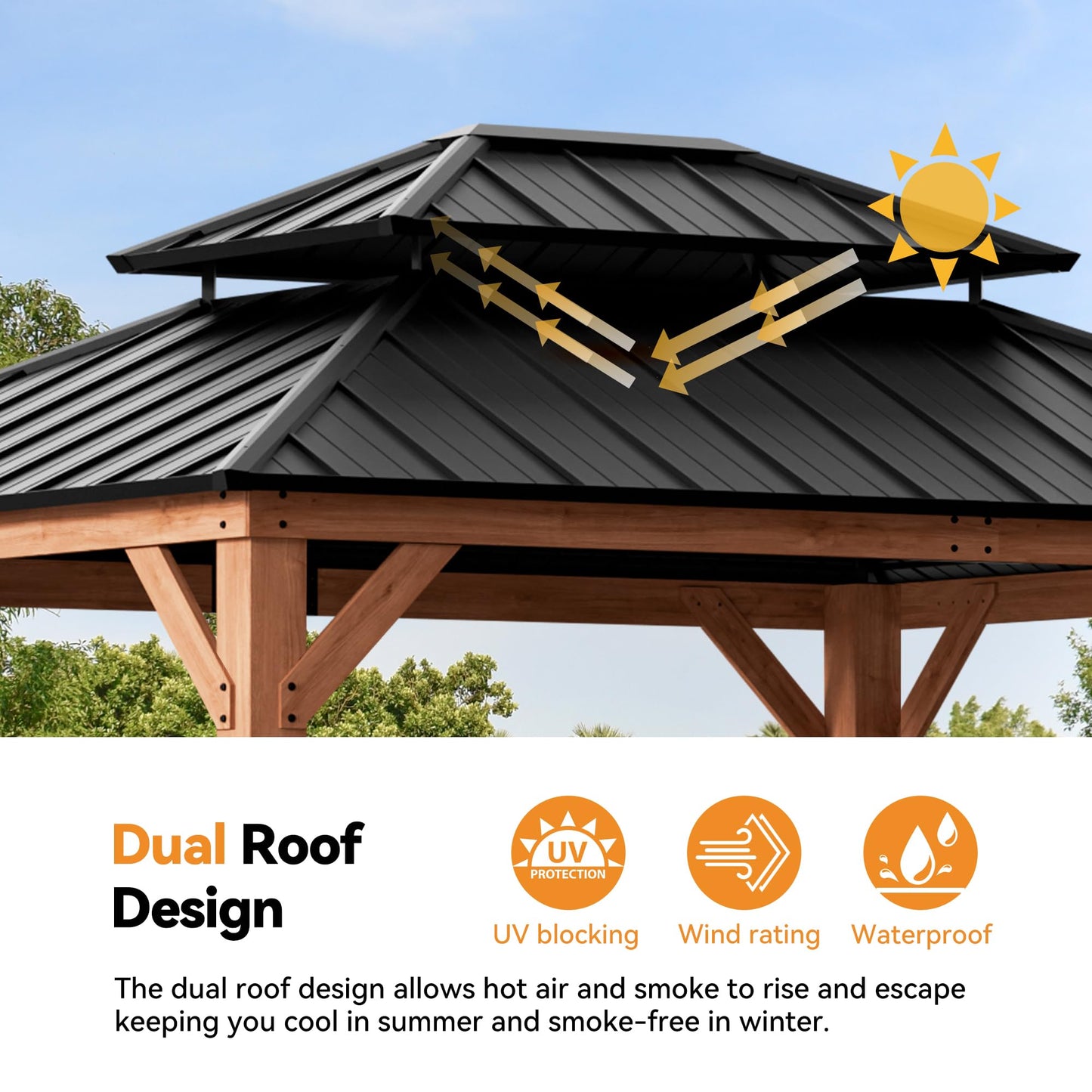 Modern Shade Rosewood Wood Gazebo 10' x 12', Hardtop Gazebo Permanent with Double Galvanized Steel Roof, Cedar Outdoor Gazebo with Sturdy Hooks for Garden, Backyard, Patio, and Deck