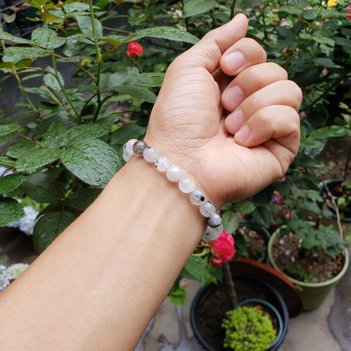 chengmu 8mm Black Rutilated Quartz Stretch Bracelet, Natural Gemstone Round Stone Crystal Beads for Beaded Elastic Bracelet 7.5"