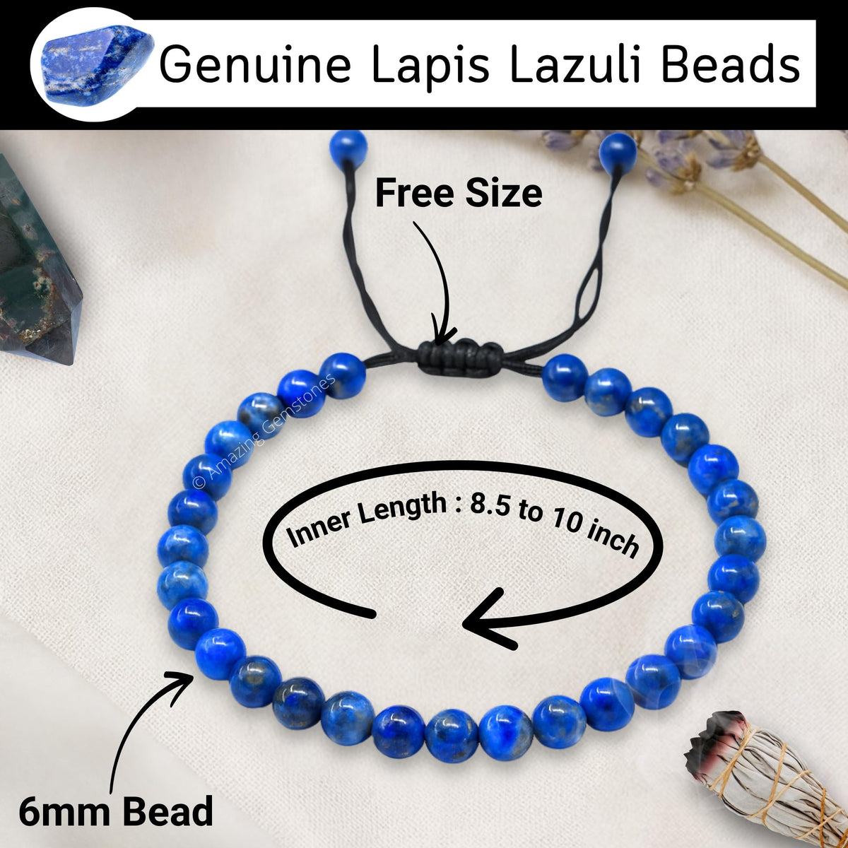 Amazing Gemstone Lapis Lazuli Anklet Ankle Bracelets for Women - Waterproof Beaded Healing Crystal Anklets, Plus Size Chakra Gemstone Bead Anklet (Stretchy Adjustable - Plain)