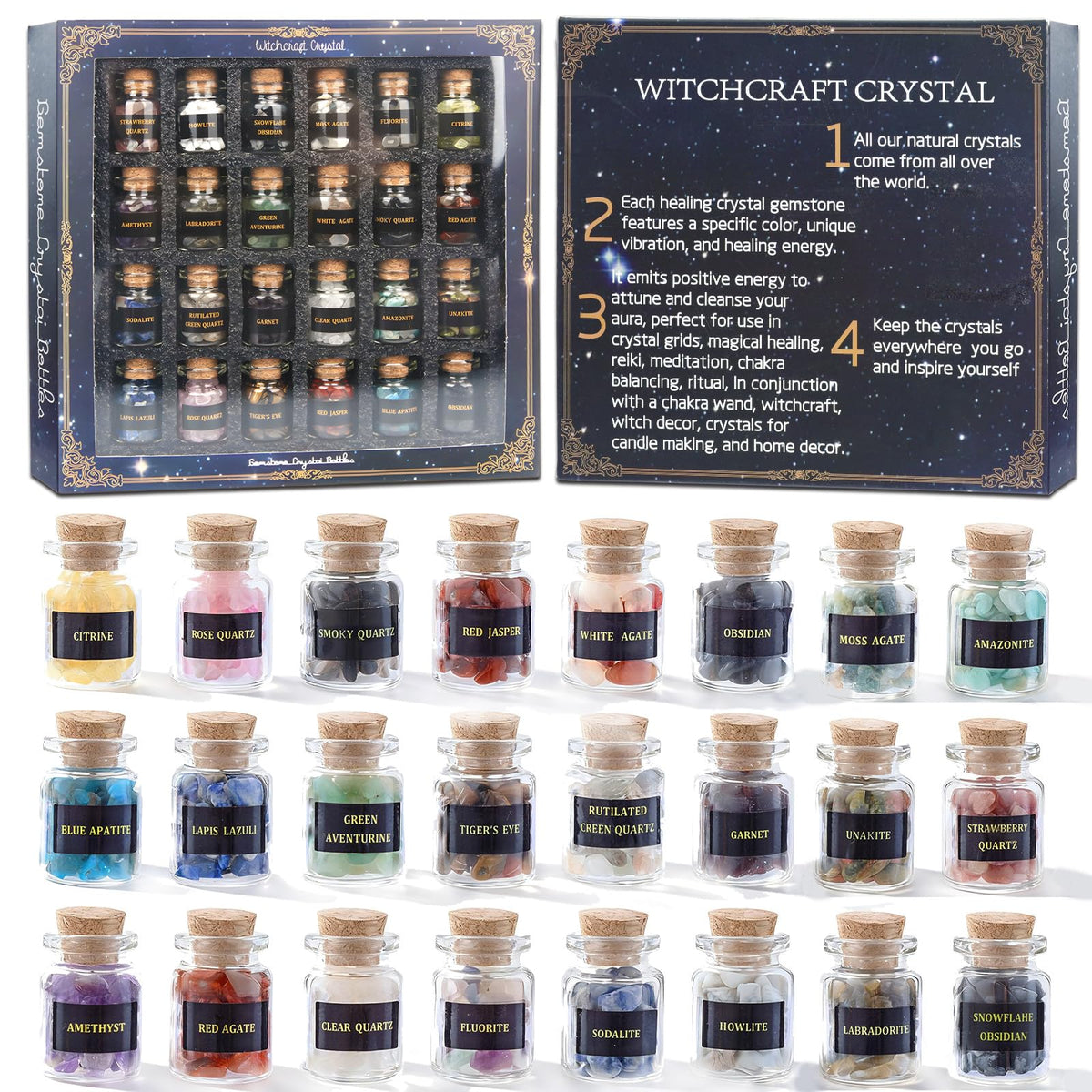24 PCS Crystals and Healing Stones - Healing Crystal Chips for Witchcraft Supplies Witch Stuff Witch Gift for Beginners Reiki Crafts for Energy Balancing Meditation Therapy