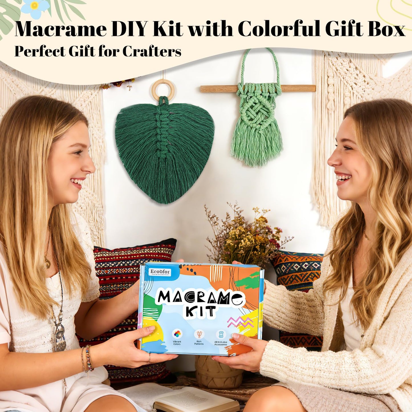 Ecoofor Macrame Kits for Beginners with 366 Feet 3 mm Macrame Cotton Cord, DIY Plant Hanger Kit with Supplies and Instructions, Macrame Beads, Wooden Rings, Dream Catcher Rings