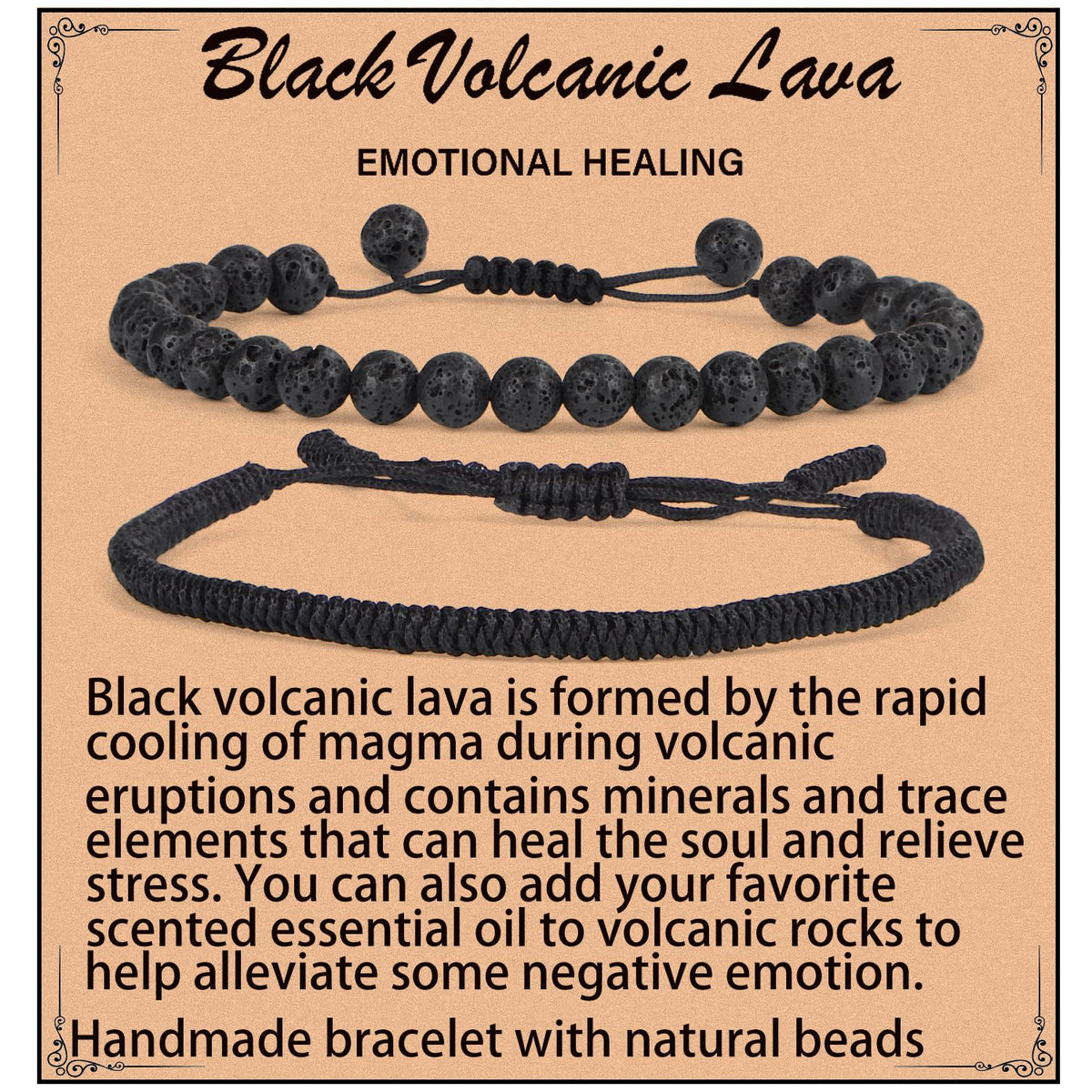 LPBeads 6mm Black Lava Bracelet with Handmade Rope Bracelet Size Adjustable Natural Stone Crystal Healing Bracelets Gifts for Unisex Adults