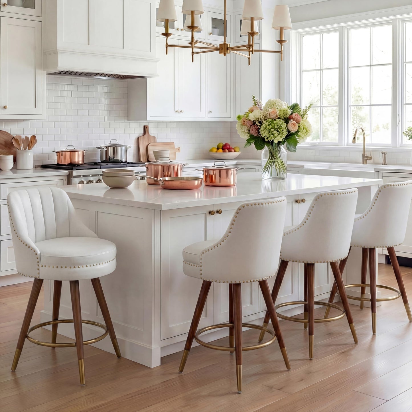 Sucrever Counter Height Bar Stools Set of 4, 24" Leather White Bar Stools with Backs, Swivel Counter Stools with Wooden Legs for Kitchen, Dining Room, Bar, Cream White