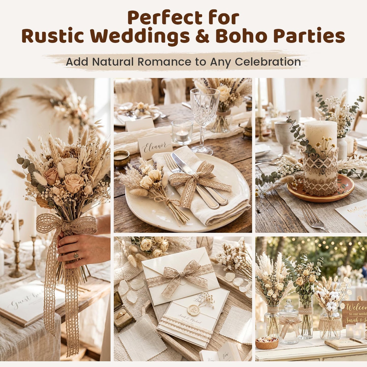 VGOODALL 7 Rolls Burlap Ribbon, Natural Jute Ribbons Lace Mesh Wedding Trim Decor, for DIY Wrapping Gifts Holiday Party Decorations