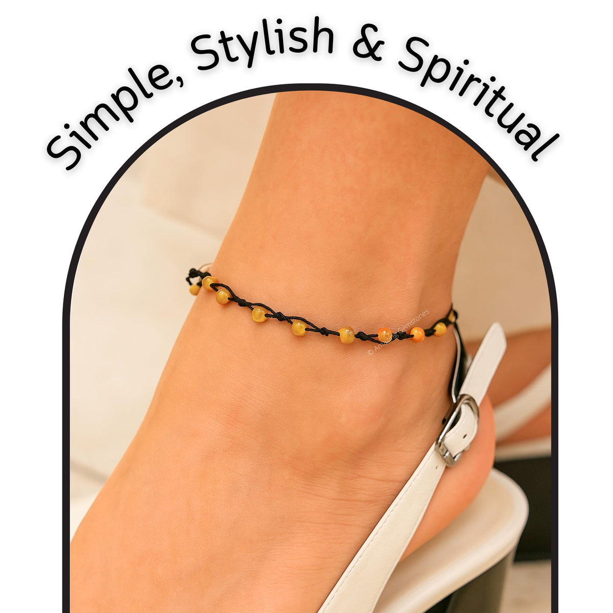 Amazing Gemstone Yellow Cat's Eye Anklet Ankle Bracelets for Women - Waterproof Beaded Healing Crystal Anklets, Plus Size Chakra Gemstone Bead Anklet (Stretchy Adjustable - Hand Knotted)