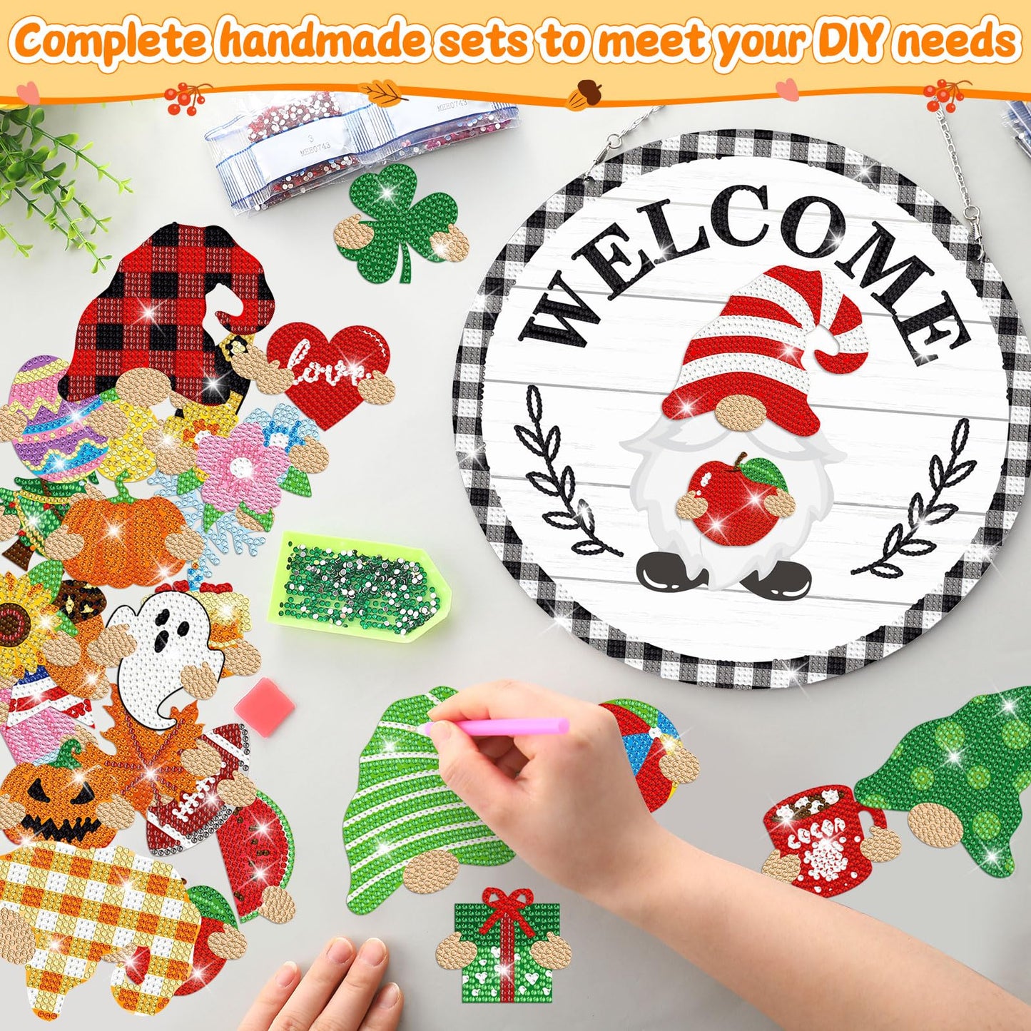 DoubleFill 33 Pcs Magnetic Diamond Art Set Interchangeable DIY Gnome Diamond Painting Decor Detachable Welcome Sign Seasonal Door Hanger Gnome Party Decorations Gift for Home Wall Front Door(Stylish)