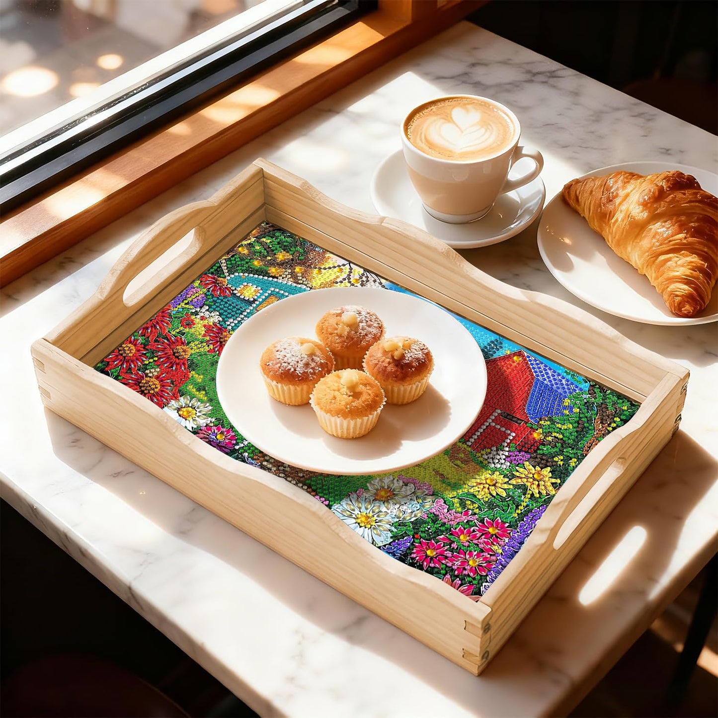 DOTSOPS 5D Diamond Art Wooden Serving Tray with Handle for Adults DIY Diamond Painting Kits for Beginners Full Drill Diamond Dots Gem Arts and Crafts Special Shape 7.8x11.8 Inches Blue Car